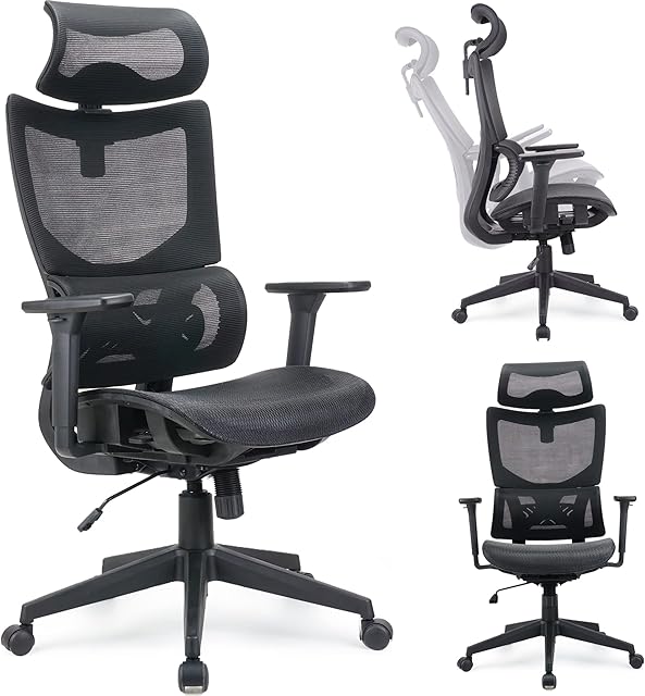 T-THREE.Ergonomic Desk Chair, Swivel Chair With Adjustable Lumbar Support, Headrest And 3D Armrest, Height Adjustment and Rocker Function, Back-Friendly Office Chair (Black)