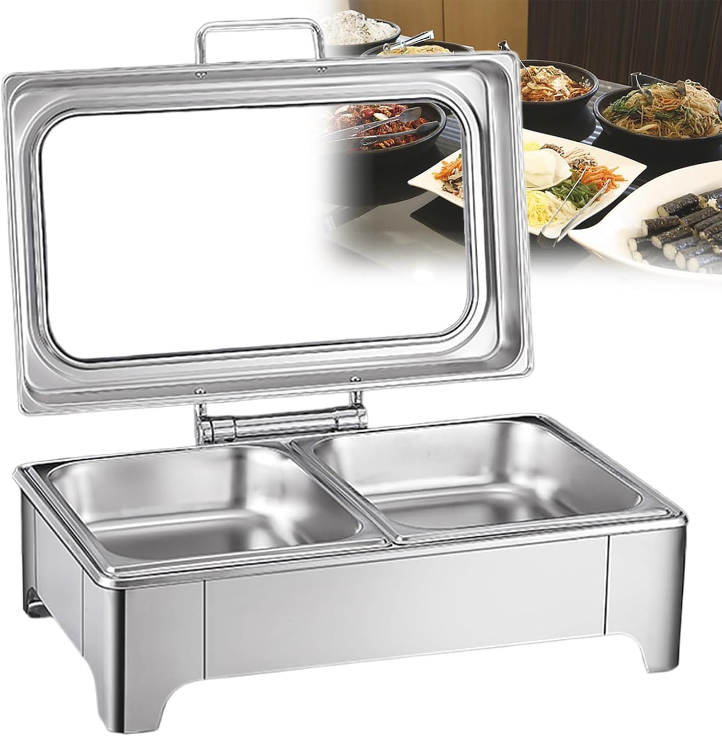 WLDOCA Food Warmer Buffet Server for Parties, 13L Chafing Dish Buffet Trays Set with Larger Visible Lids, Stainless Steel Hydraulic Commercial Buffet Servers for Keeping Food Warm,B,13L