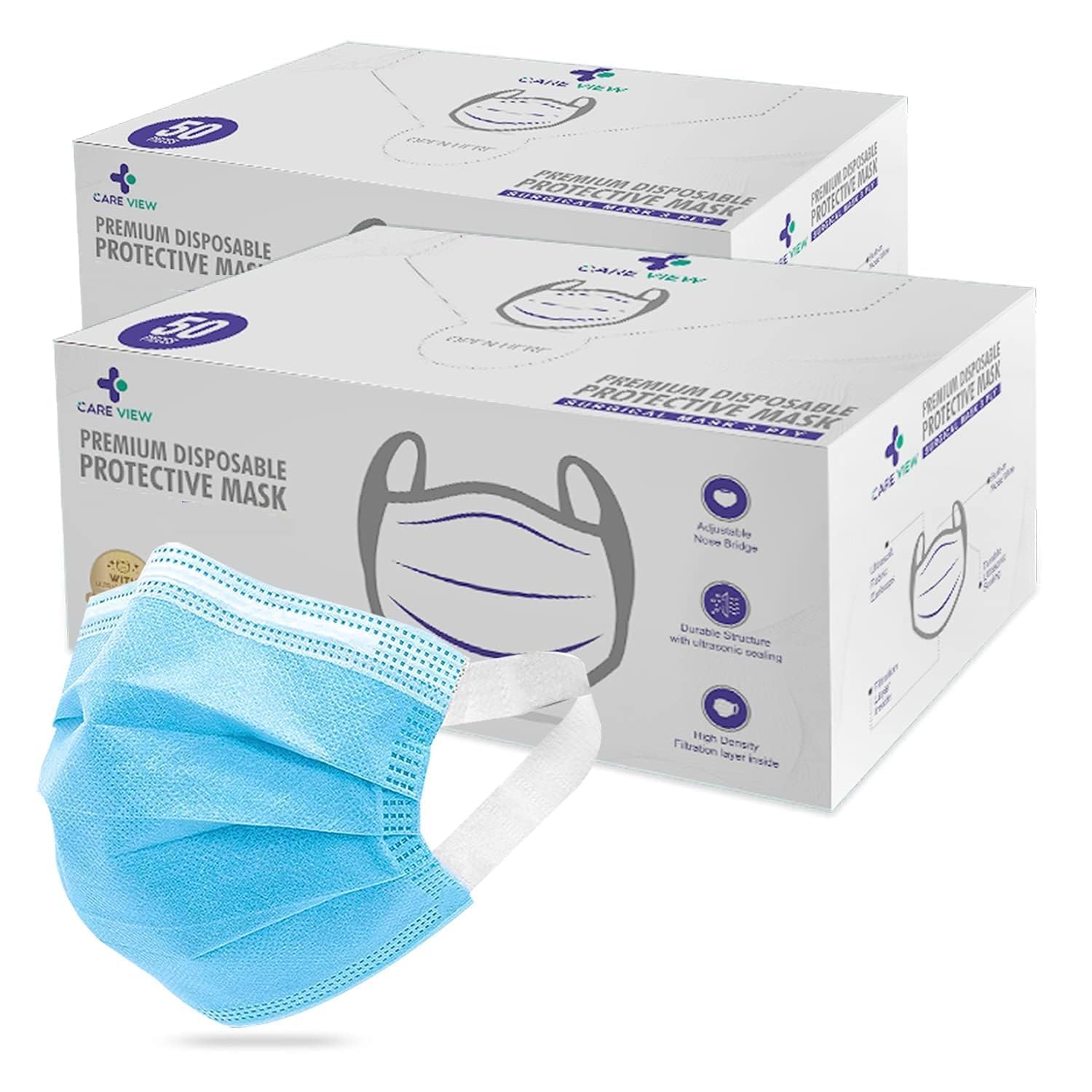 3 Ply Disposable Face Mask Box with FABRIC Earloop and built in Nose Pin (Pack of 100, Blue)