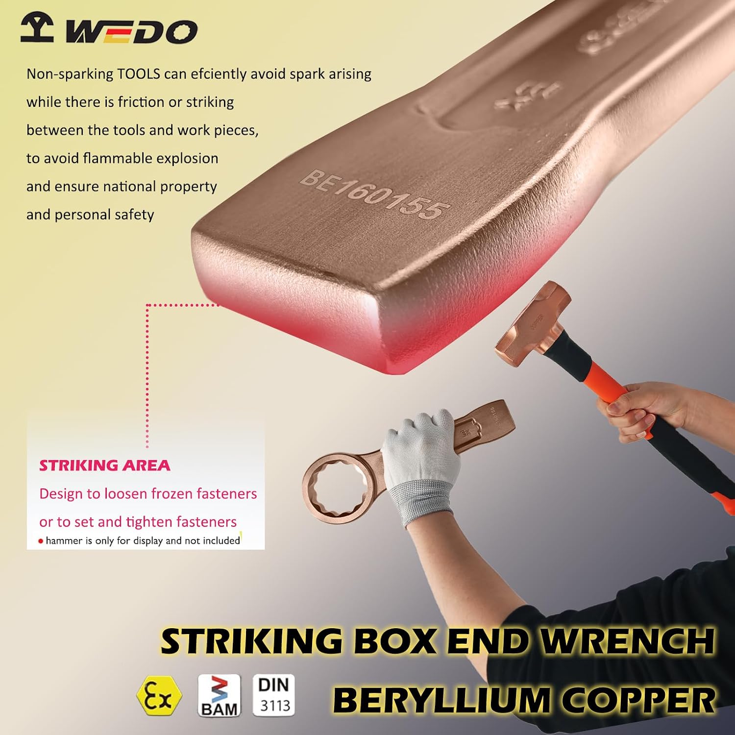 WEDO Non-Sparking Flat Strike Wrench,1-5/8"(41mm) Striking Box End Wrench, Slogging Ring Spanner Straight Handle,Spark-free Safety Spanner,Beryllium Copper,Non-magnetic,For Mechanic Garages Workshops