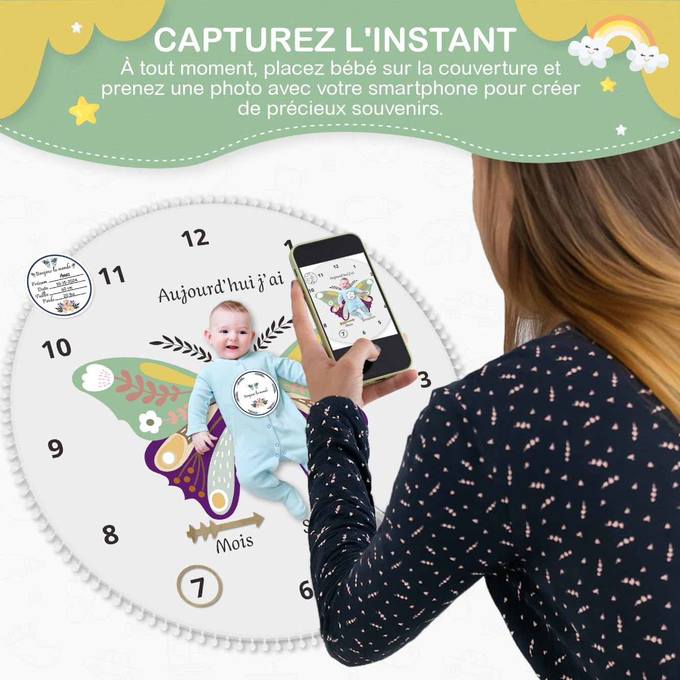 Mybabyoli Baby Stage Blanket in French, Baby Photo Mat Round 12 Months Girl, Boy, Unisex Butterfly Mat - Image 2