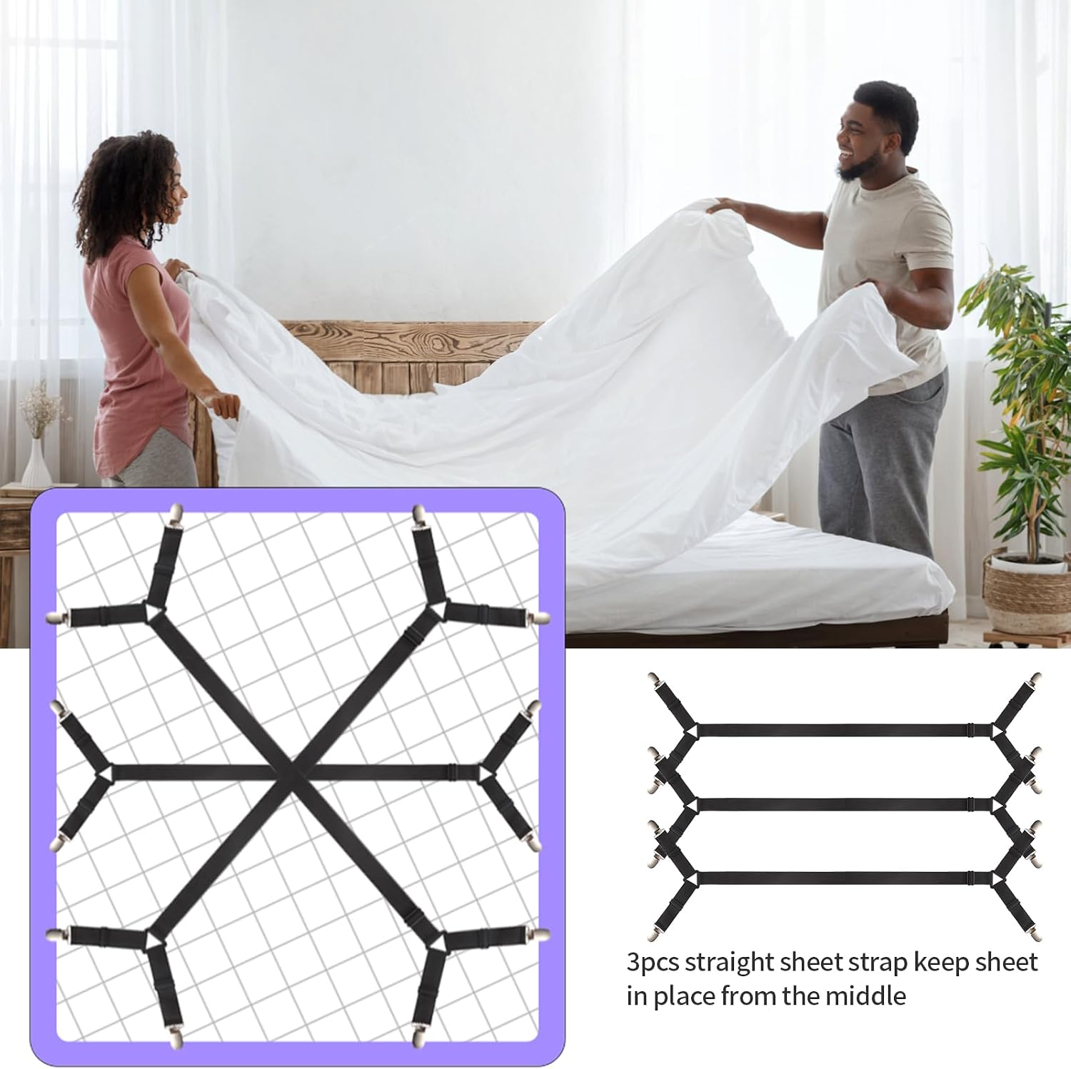 Luyena Bed Sheet Straps,3 PCS Secure and Sheet Holder Straps for Full Size Beds,Adjustable Crisscross Fitted Sheet Clips,Black