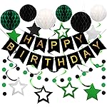 meowtastic Birthday Decorations, Happy Birthday Banner with Honeycomb Balls, Star Hanging Swirl Streamer, Circle Dot Garland, Happy Birthday Party Decorations for Women Men Boys Girls (Green & Black)