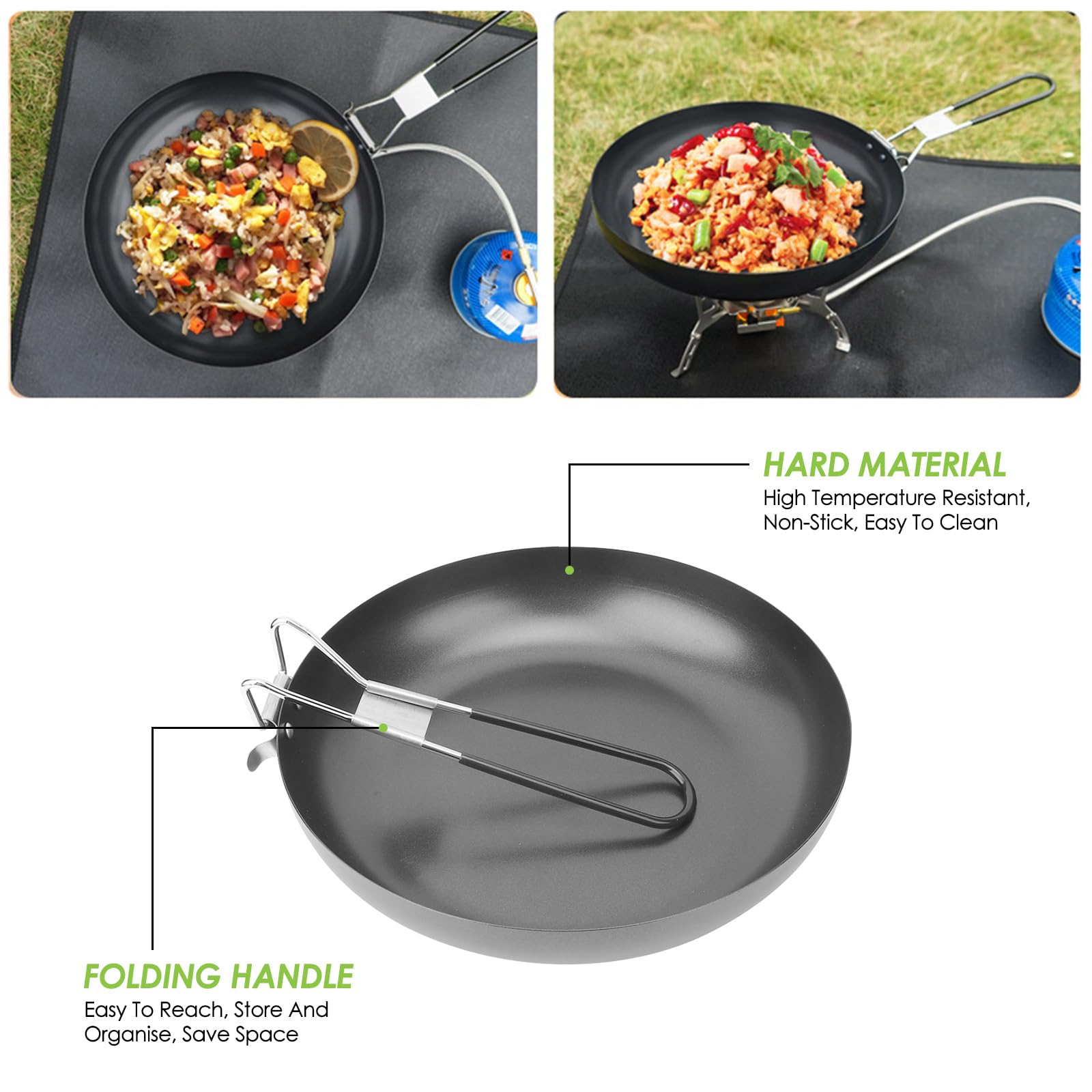 Sartén Antiadherente de 24 cm/9,5 Pulgadas con Mango Plegable, Parrilla Portátil para Barbacoa al Aire Libre, Sartén con Revestimiento Antiadherente, Utensilios de Cocina para Acampar