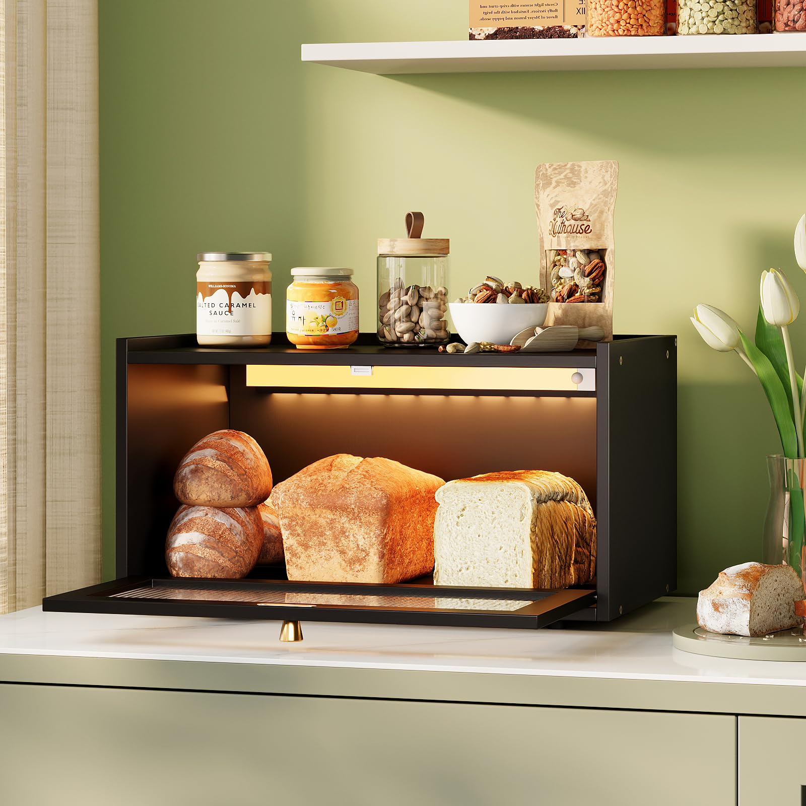 VEDECASA Bread Box for Kitchen Counter, Bamboo Bread Bin with LED Sensor Light and Acrylic Door, Bamboo Bread Storage Container for Loaves, Rolls and Pastries, Black 38×24×20cm
