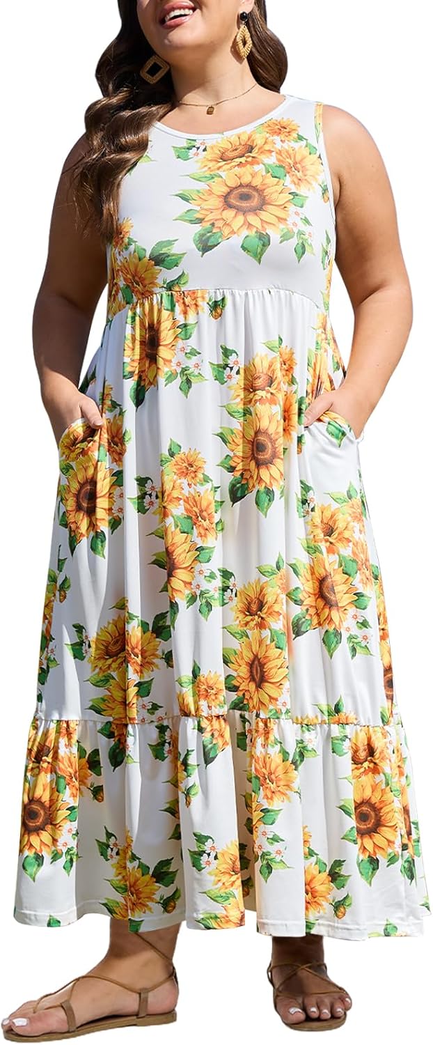Moon Wood Women's Plus Size Sleeveless Summer Dress Crewneck Tank Casual Flowy Maxi Dress with Pockets Vacation Outfits