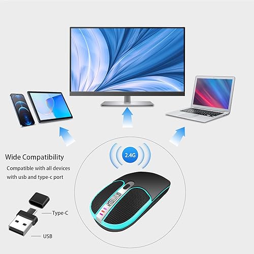 Miniatura 5 de DANCESOUL Mouse inalámbrico con botón de cuero, mouse para laptop, mouse LED con luz colorida RGB, mouse silencioso delgado recargable, mouse USB C,