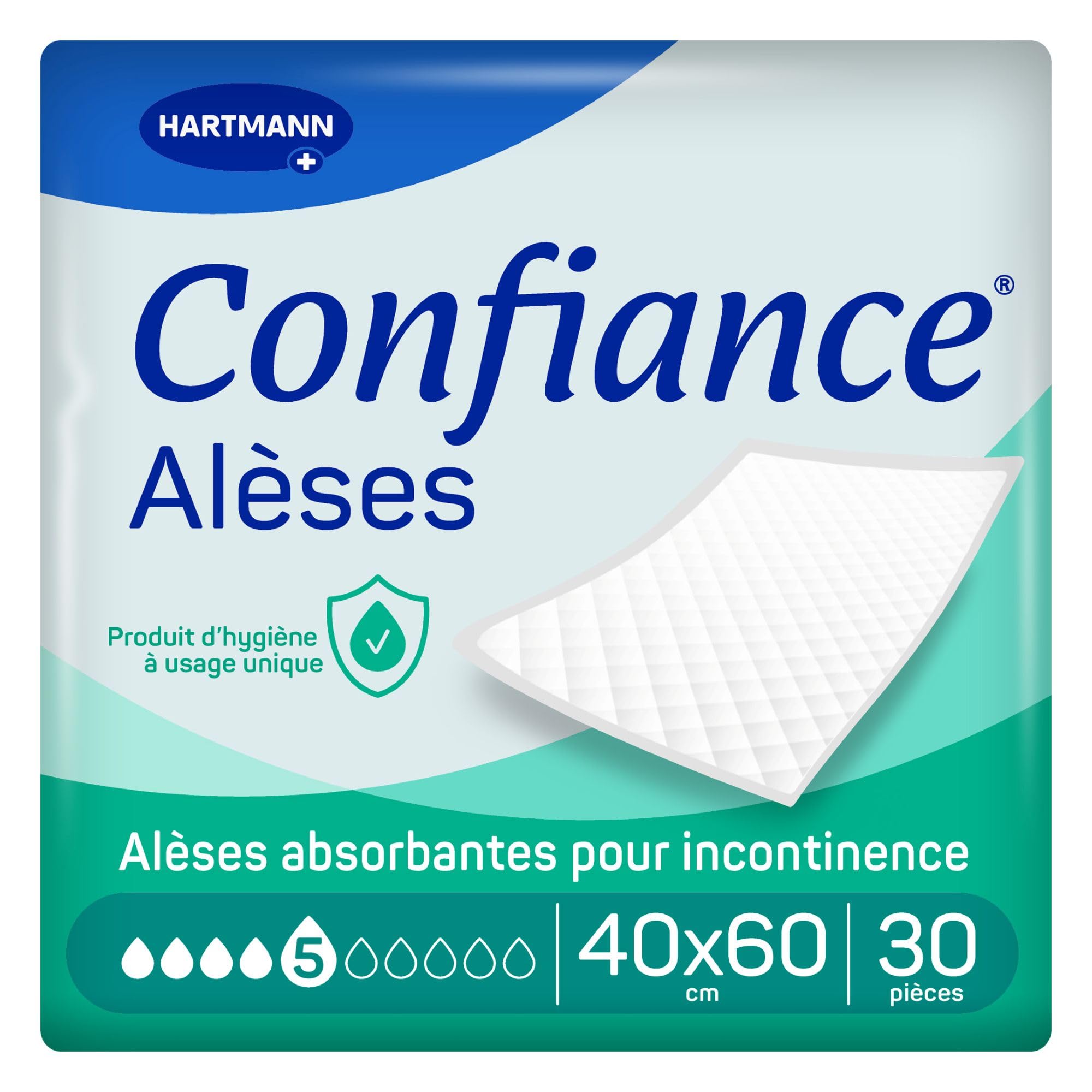 Confiance® Alèse - Alèses pour la protection de la Literie ou du Fauteuil - Niveau d'Absorption = 8 gouttes - Dimensions = 60 x 90 cm - 30 unités, Packaging May Vary - 5