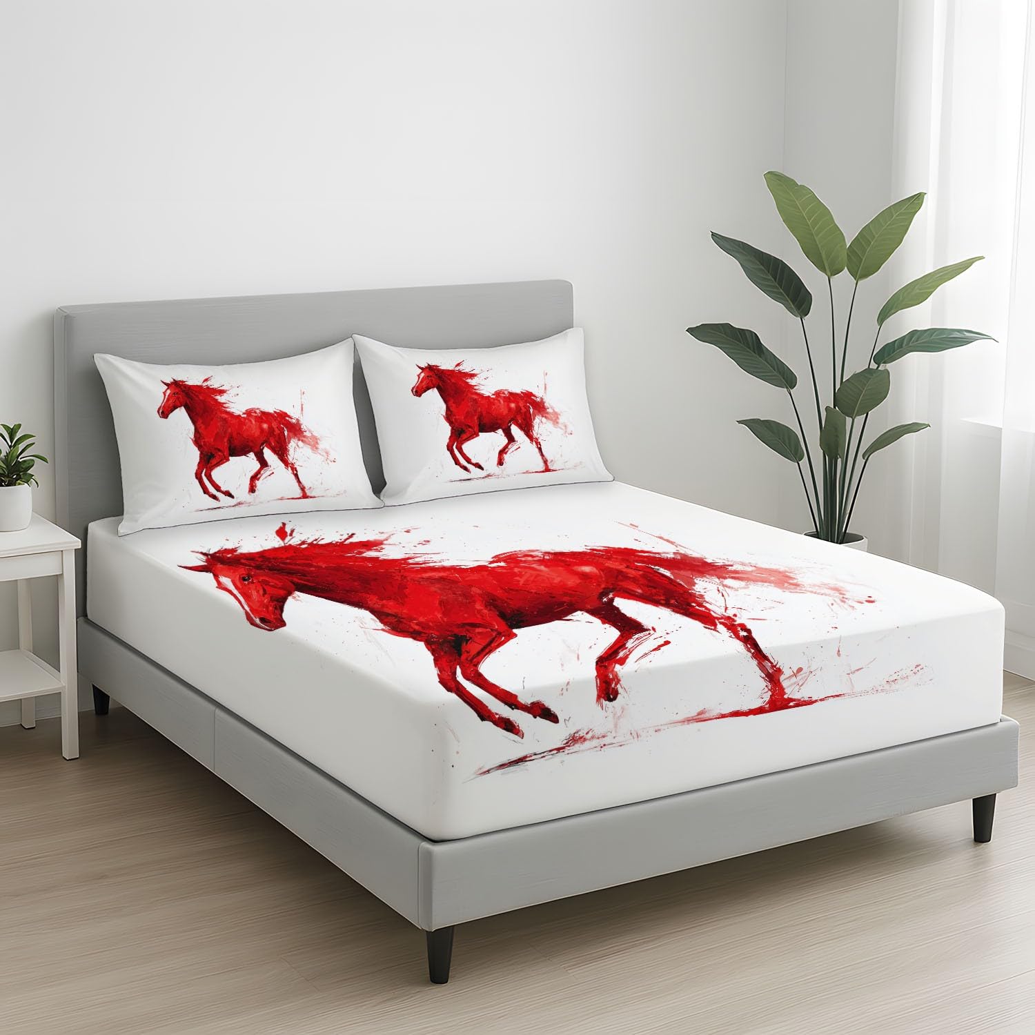 Sábana Bajera 200 x 200 x 30 cm 3 Piezas + 2 Fundas 50 x 75 cm, Microfibra Cepillada Ajustable de Bolsillo Profundo, Suave Delicada para la Piel, Rojo, Animal Corriendo Caballo