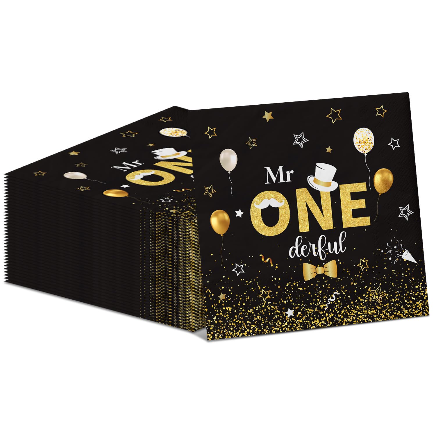 40Pcs Mr Onederful Napkins, 13 x 13 Inches First Birthday Black Gold Paper Napkin, Mr Onederful Black Gold Party Napkins for Baby Shower 1st Boy Party Birthday Decorations