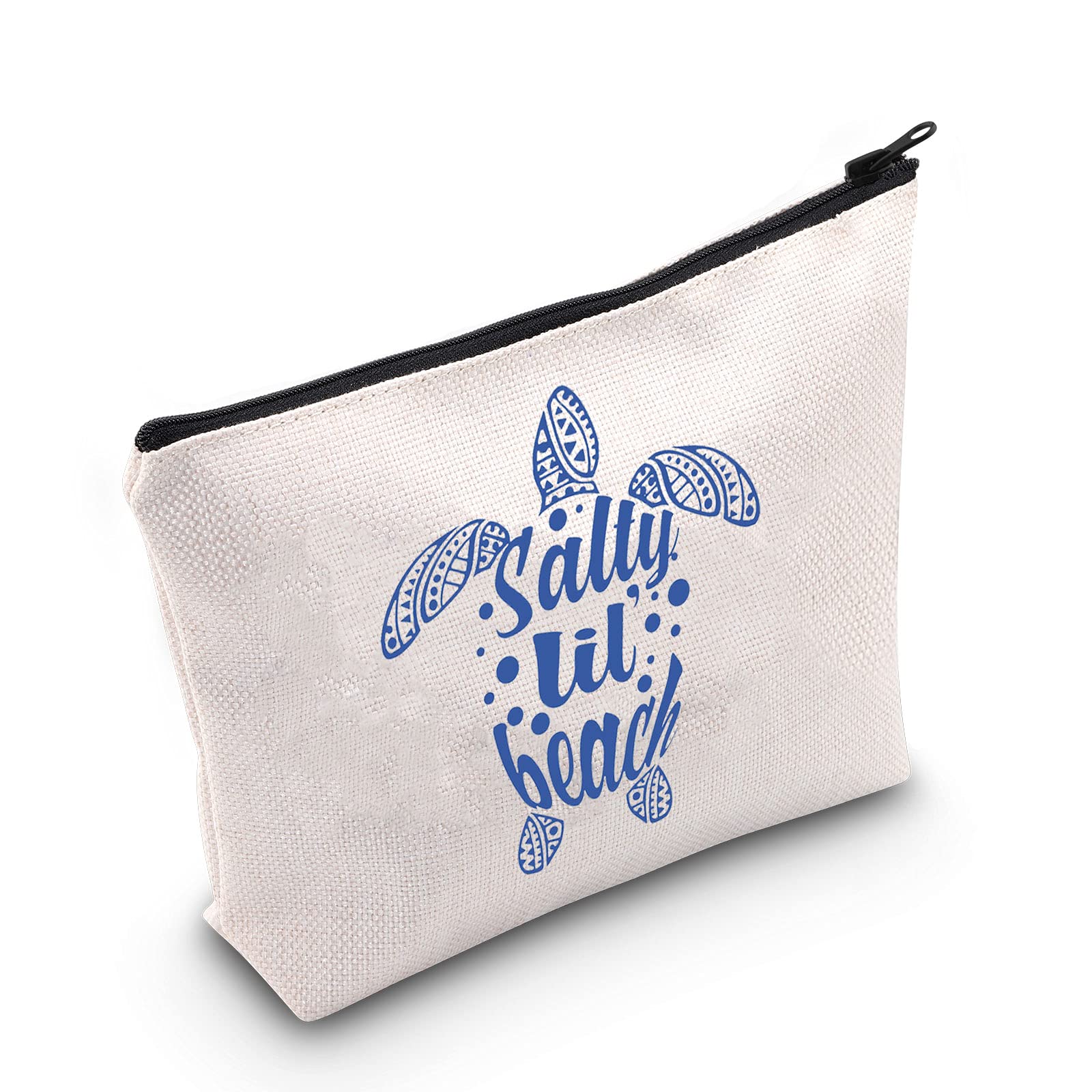 G2TUPSea Turtle Cosmetic Bag Salty Lil’ Beach Turtle Makeup Bag Turtle Lover Gift Beach Life Gift Beach Lover Travel Pouch with Zipper (Salty Lil’ Beach White Bag)