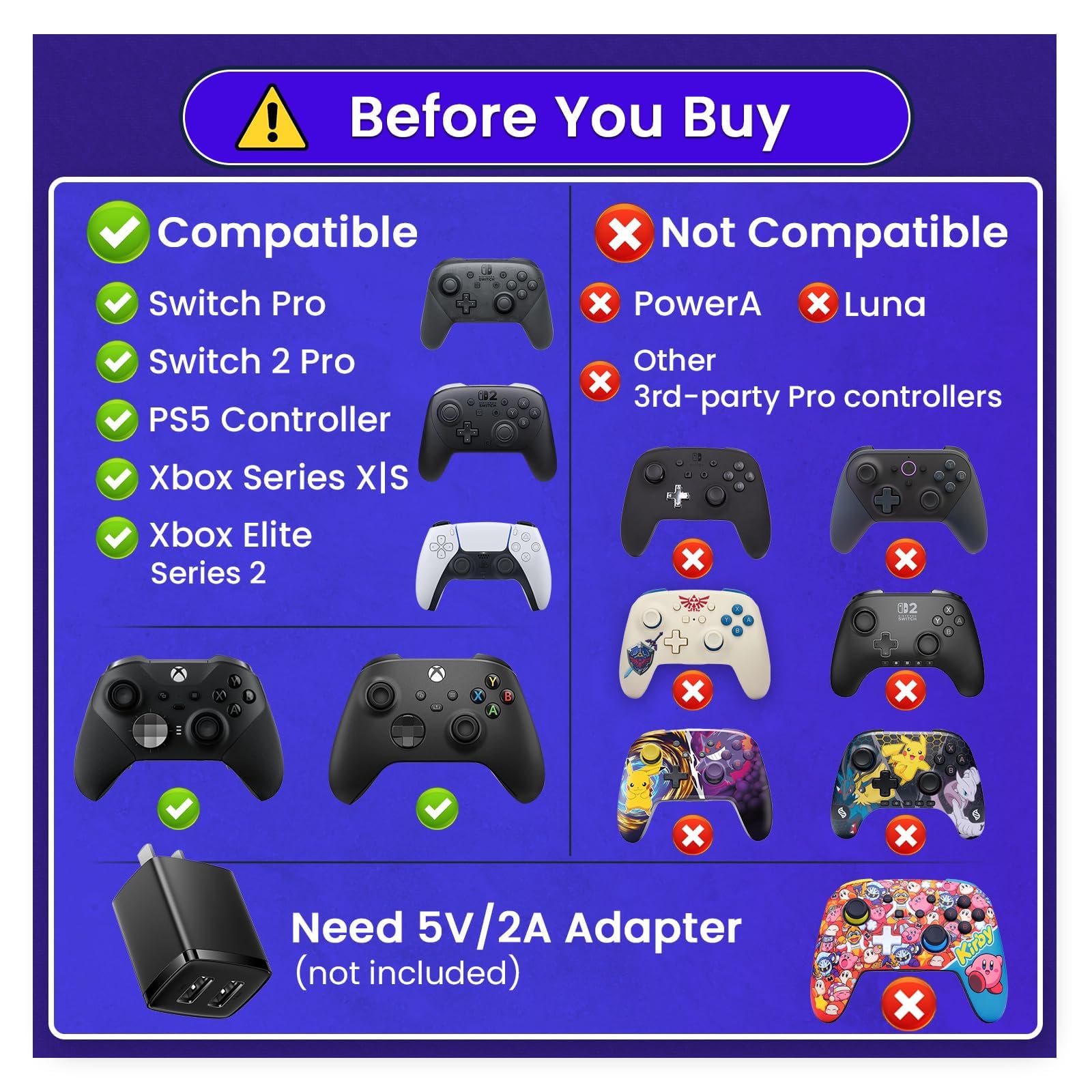 ECHZOVE Station de charge pour manette Switch 2 Pro - Double station de charge rapide pour Nintendo Switch Pro, PS5, Xbox Series X/S - Affichage d'état LED, adaptateur de type C, design compact