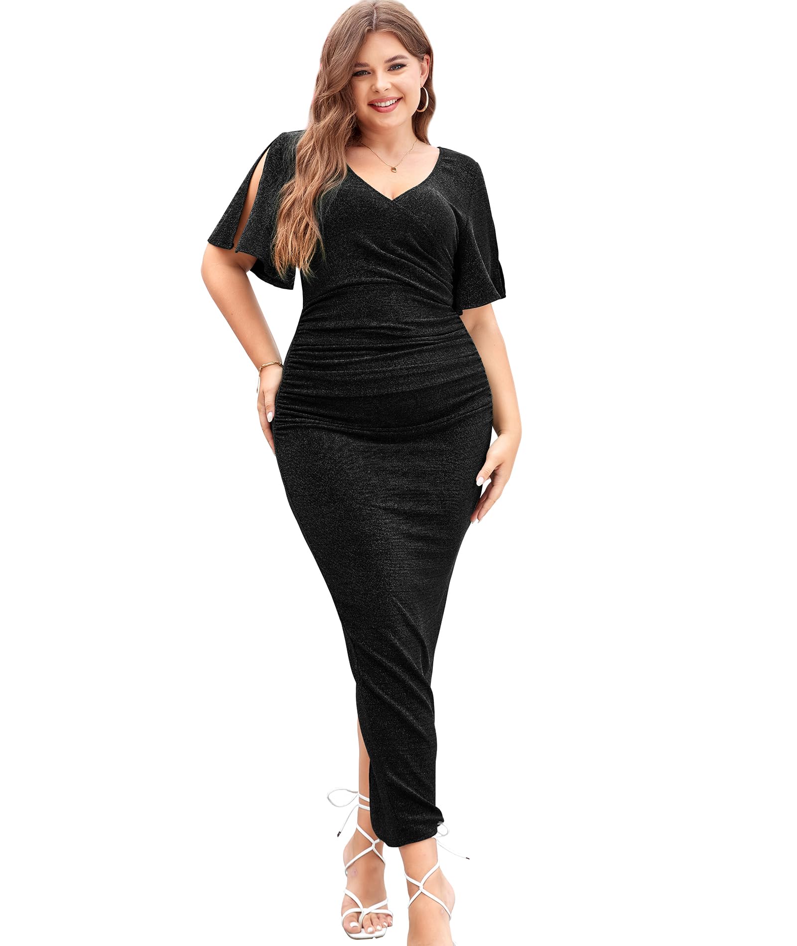 LALAGEN Womens Plus Size Glitter Wedding Guest Bodycon Maxi Dress Short