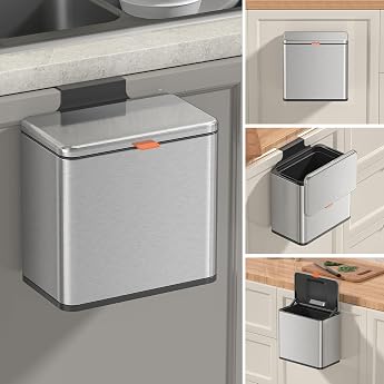 Mbillion Kitchen Compost Bin Hanging Trash Can with Lid 4L/1.05 Gallon Stainless Steel Trash Can for Kitchen Cabinet Doors Mounted Under Sink Door RV Bathroom Silver 4L