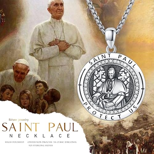 Vista 359 de Collar con colgante de plata de ley 925 con medalla de San Patrón, joyería religiosa para hombres y mujeres, con cadena de acero inoxidable 316L