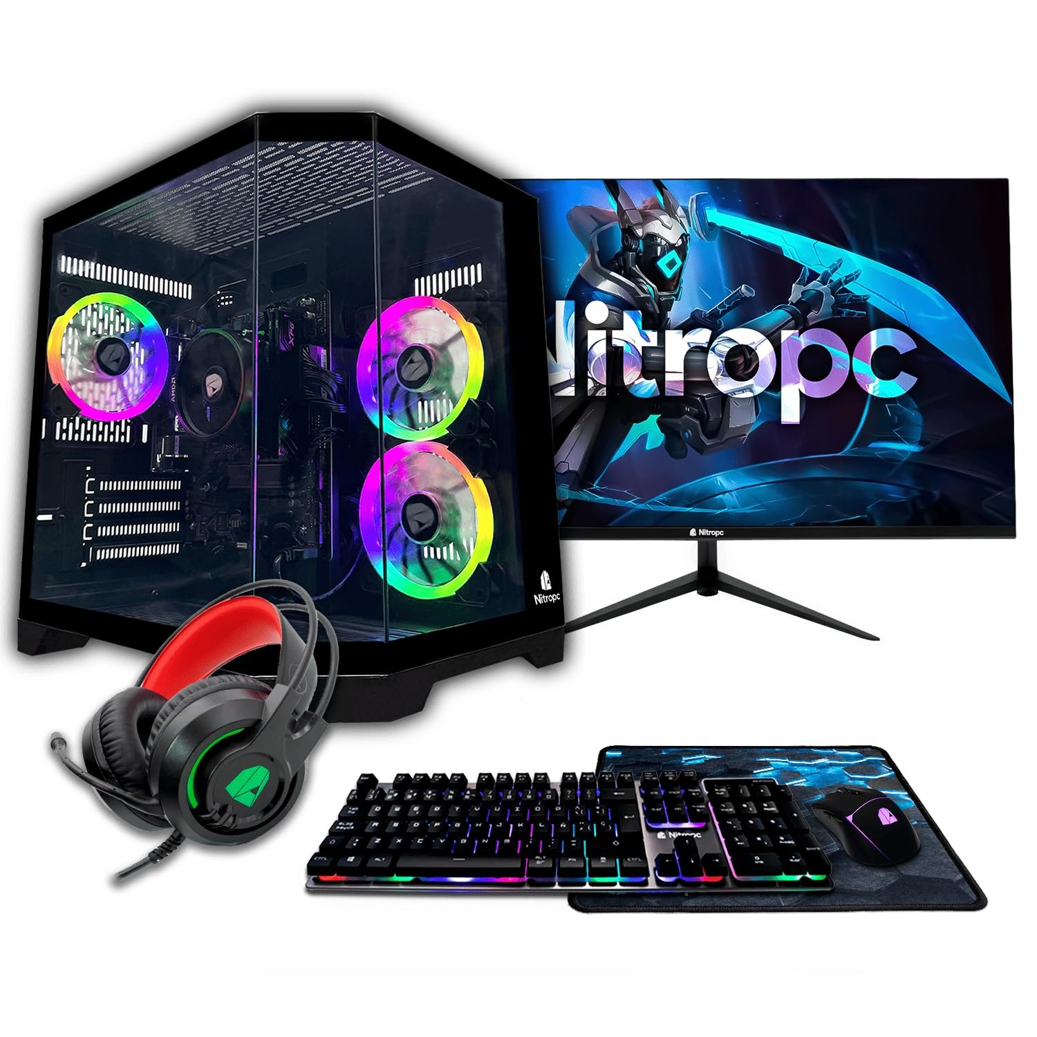 NitroPC - Pack Bronze | PC Gaming Completo (AMD Ryzen 5 5655G 6/12 4.4GHz, RX Vega 7, RAM 16GB, 512 GB SSD, Windows 11 PRO | WiFi, Monitor 24", Teclado, ratón, Auriculares) Ordenador sobremesa (Negro)