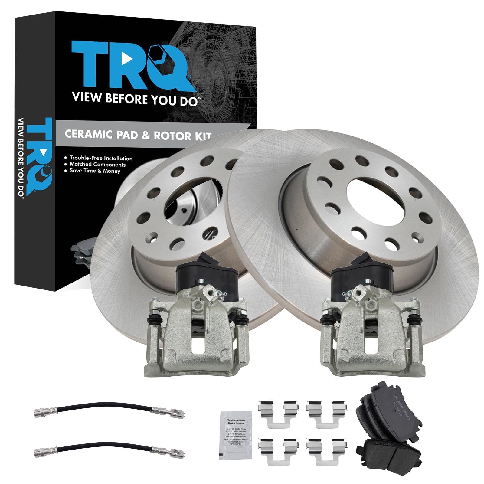 TRQ Rear Brake Pad and Rotor Set Ceramic Calipers Compatible with 2009-2016 Volkswagen CC 2009-2017 Tiguan 2018 Tiguan Limited