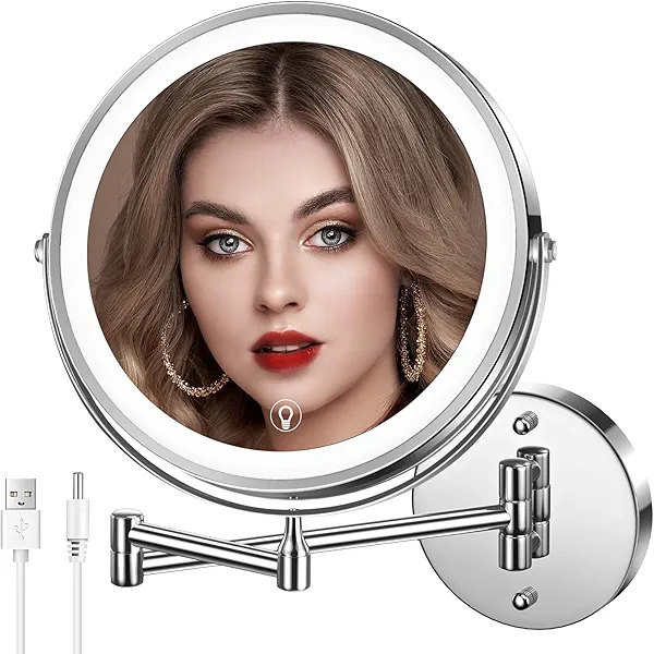 MNIENT Wall Mounted Lighted Makeup Mirror, 8" Rechargeable Double-Sided Light up Magnifying Mirror 1x/10x, 3 Colors Led Vanity Mirror with Lights, Touch Dimmable 360° Rotation Foldable