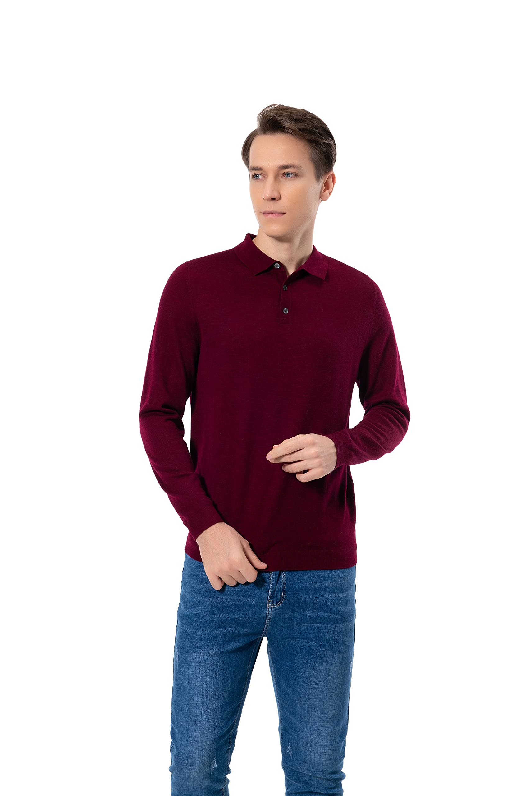 WOSICA Men's 100% Extrafine Merino Wool Long Sleeve Polo (Burgundy M)