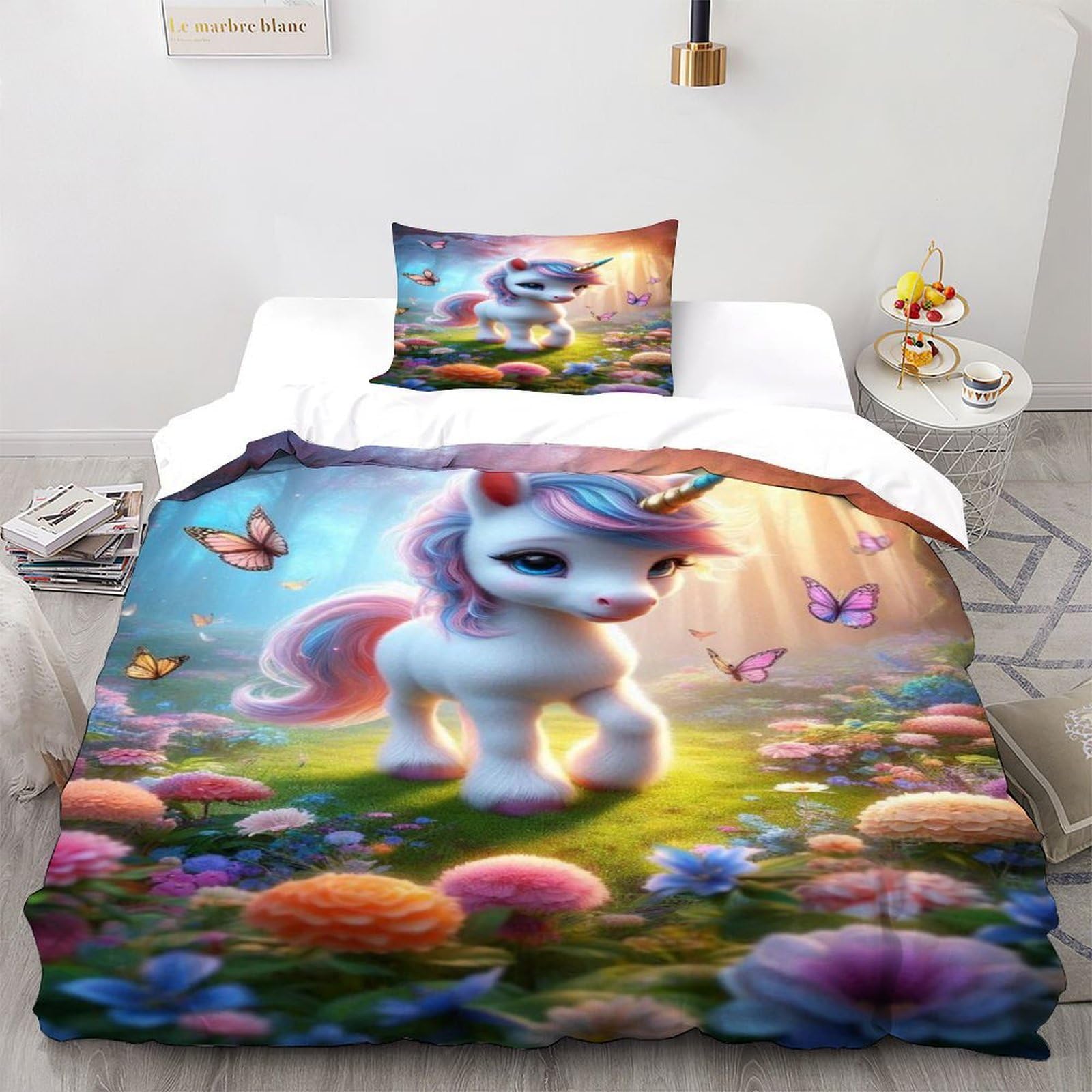 Unicorn Flowers Bedding Set 3D Design Animal Theme Wildlife Duvet Cover Set Microfiber Quilt Cover Universal for All Seasons with Pillowcase Single（135x200cm）