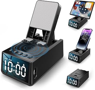 Cell Phone Stand with Wireless Bluetooth Speaker, Gifts for Men or Women, Anti-Slip Design with HD Surround Sound, Adjustable Tablet Holder with Alarm Clock, Compatible with Phones & Tablets, Gadgets