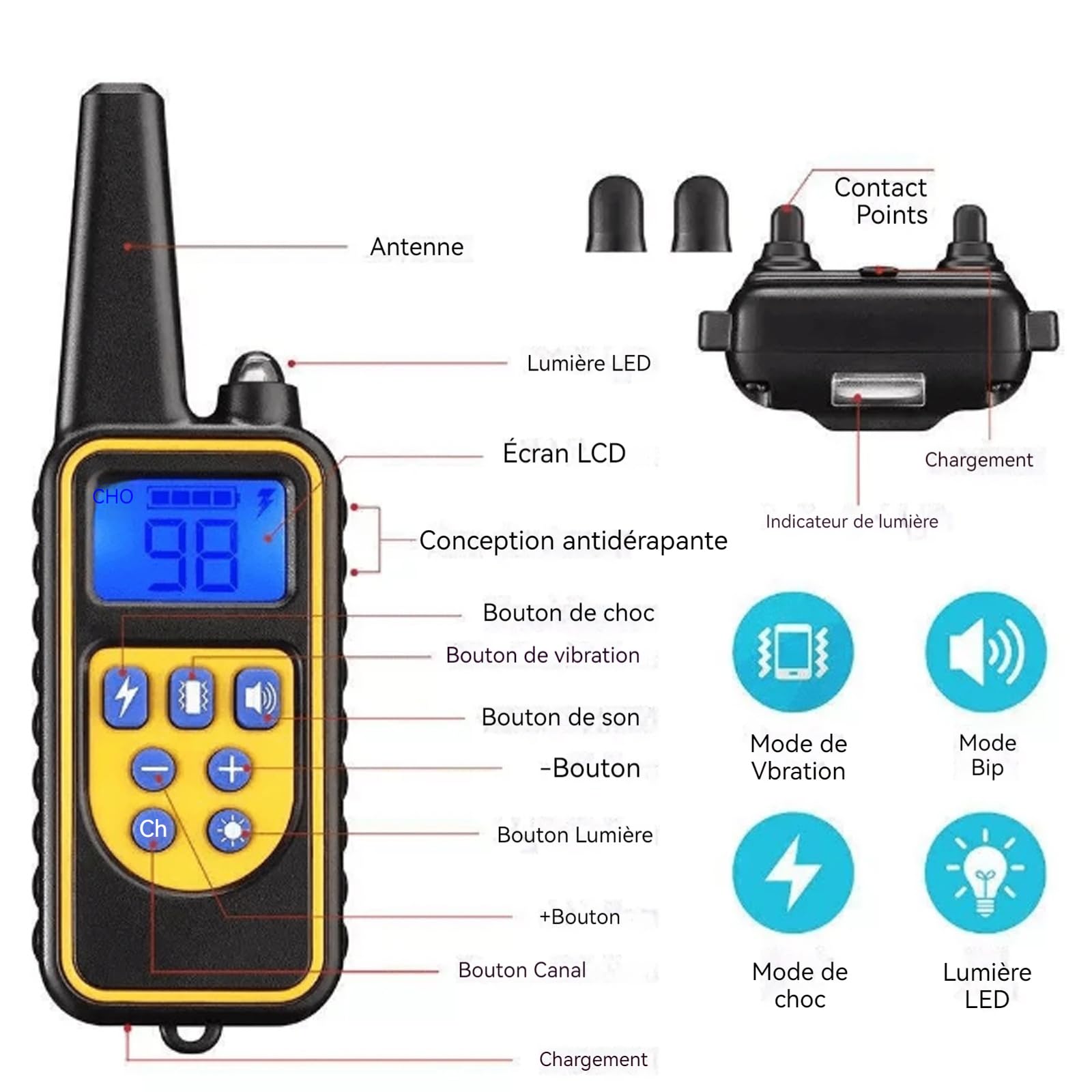 Collier de Dressage pour Chien, Rechargeable et étanche jusqu'à 800 m, avec écran LCD
