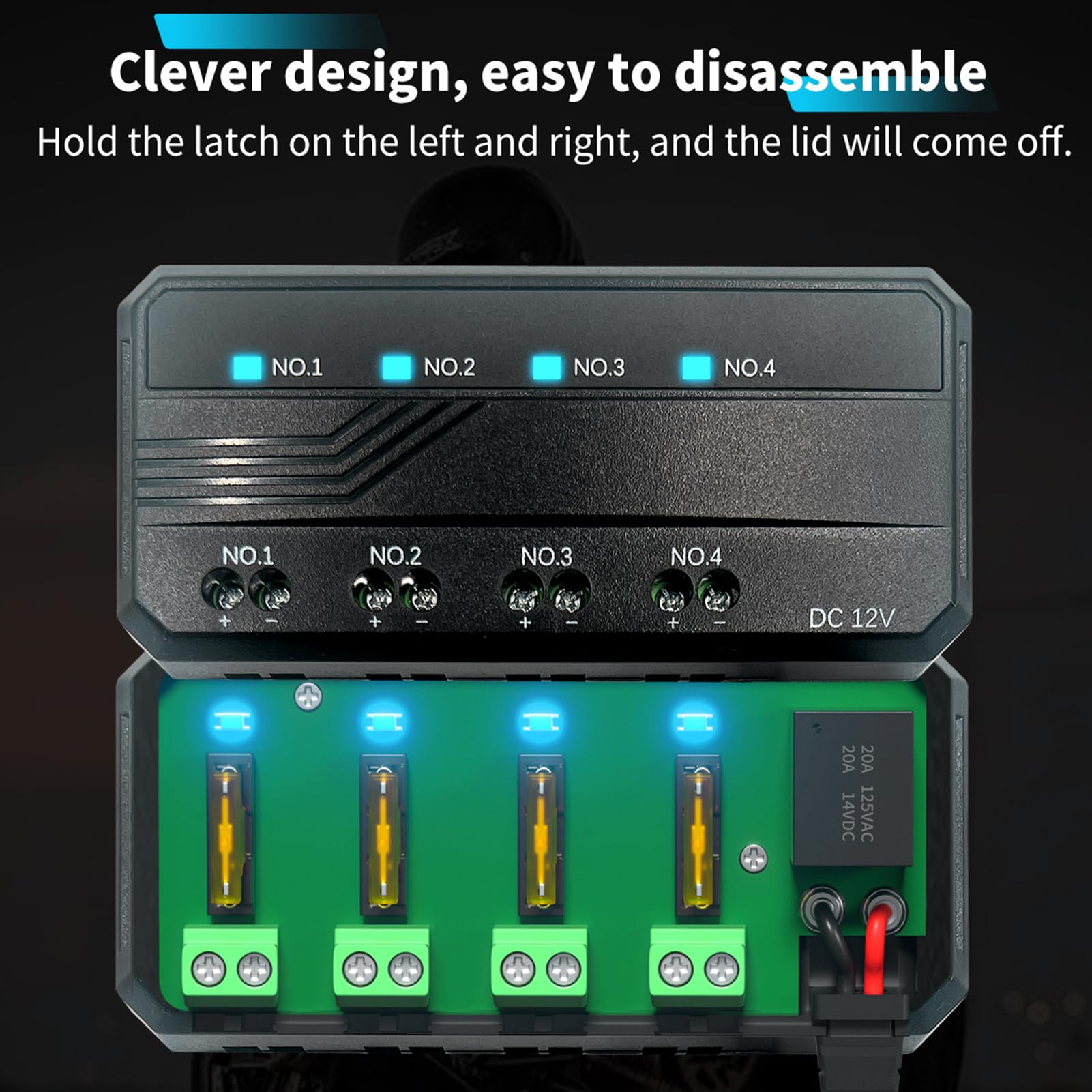 Luocute Boîte à Fusibles de Moto 12 V, Bloc de Fusibles Universel à Profil Bas 20 A avec Indicateur LED et 4 Circuits, pour Voitures, VTT, UTV, Bateaux et Autres Véhicules 12 V