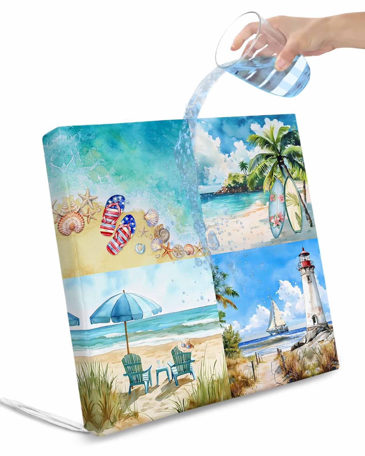 2 Pack Summer Beach Waterproof Cushion Covers with Ties, Outdoor Patio Chaise Lounge Chair Seat Cushion Slip Covers Replacement(Only Cover) Modern Tropical Coastal Ocean Seaside 22