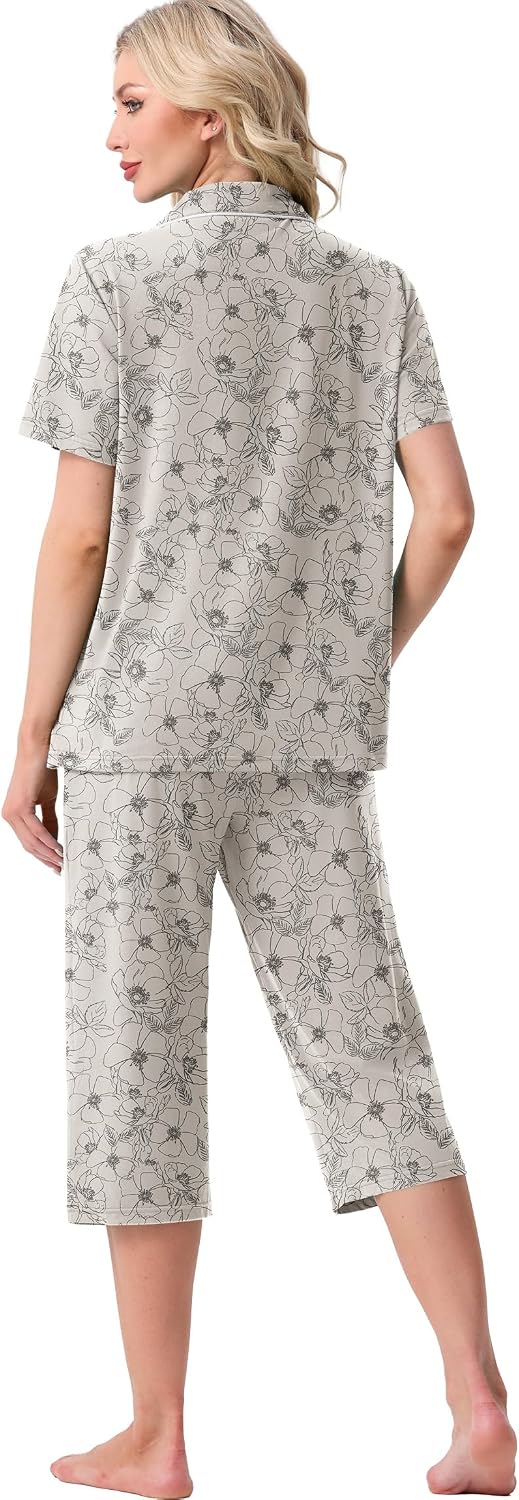 PrinStory Capri Pajamas for Womens Button Down Pjs image 5