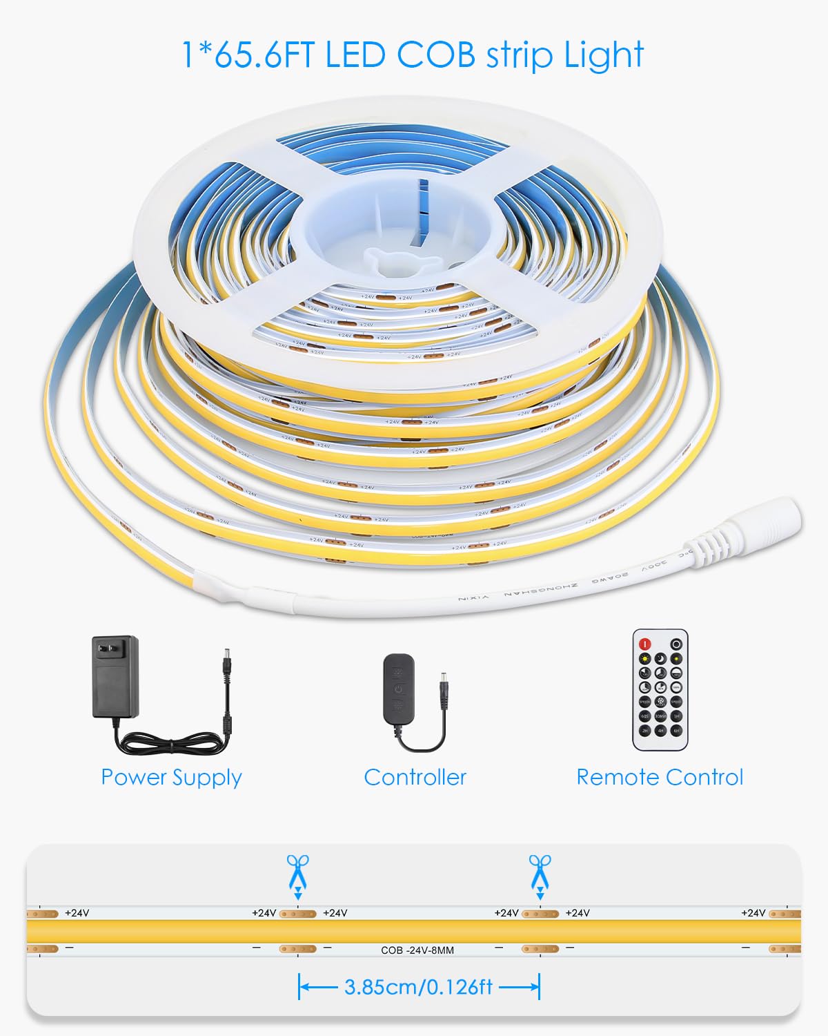 Taśma świetlna LED COB 65,6 stóp/rolka 3000 K 24 V ściemniana taśma LED z pilotem zdalnego sterowania/aplikacja CRI 90+ ciepła biel 480 LED/M gęstość super jasna elastyczna taśma LED