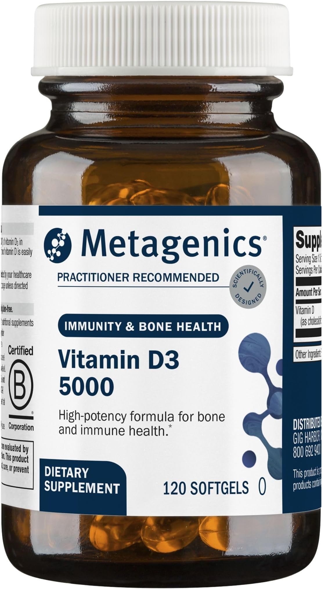 Metagenics Vitamin D3 5000 IU 125 mcg Softgels, Immune Support, 120 Count