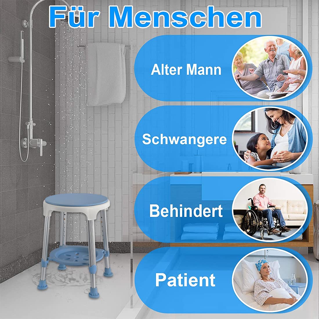 NAIZY Sgabello da doccia girevole a 360° 42-54 cm sedia da doccia per anziani sgabello da bagno regolabile in altezza antiscivolo con mensole sgabello da bagno aiuto doccia rimovibile