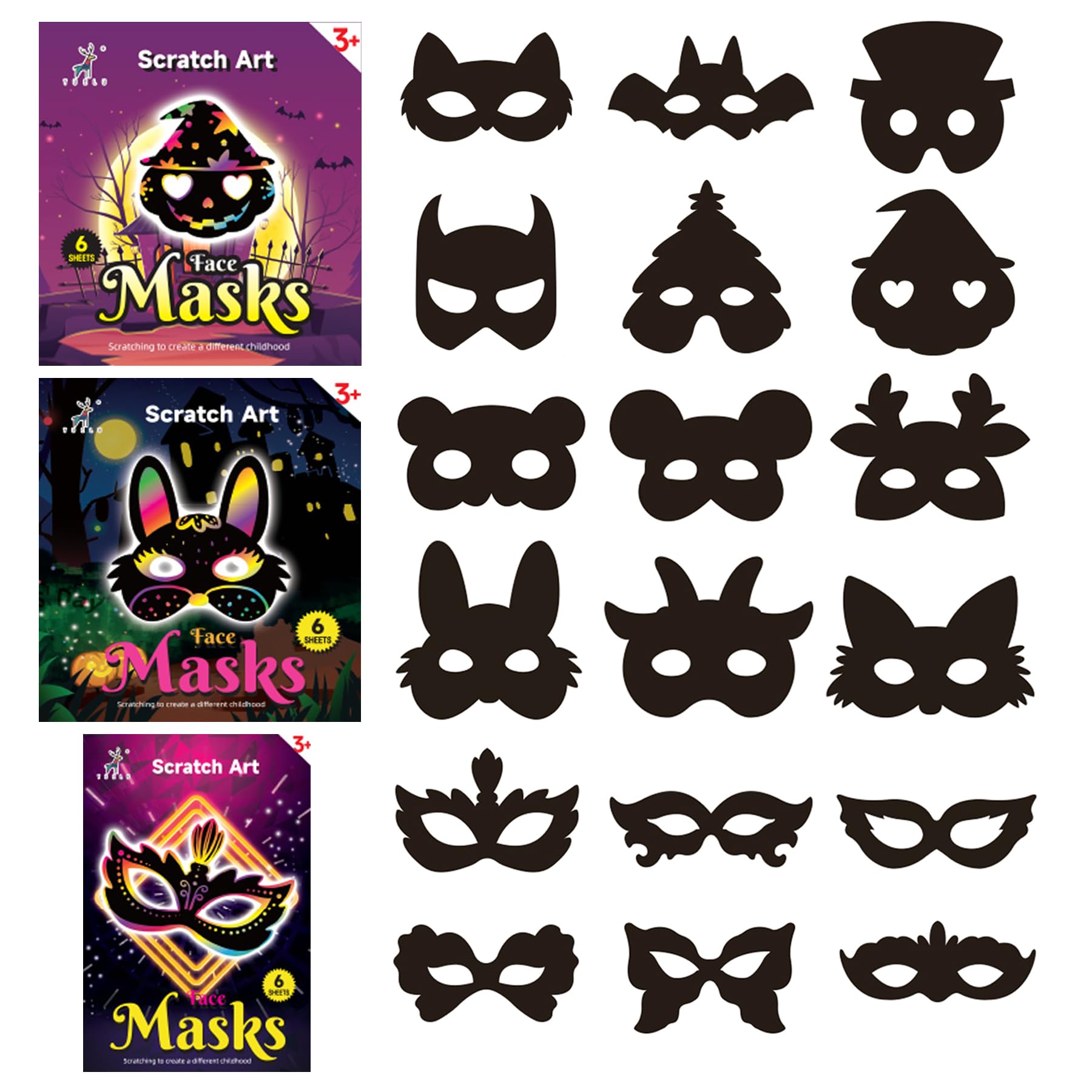 PAITUEND Scratch Rainbow Painting Art Face Masks Cosplay Mask Theme Birthday Party Supplies Decorations Halloween Dress Up Costumes Set DIY Crafts Kit Party Supplies for Boys Girls (18Pcs)