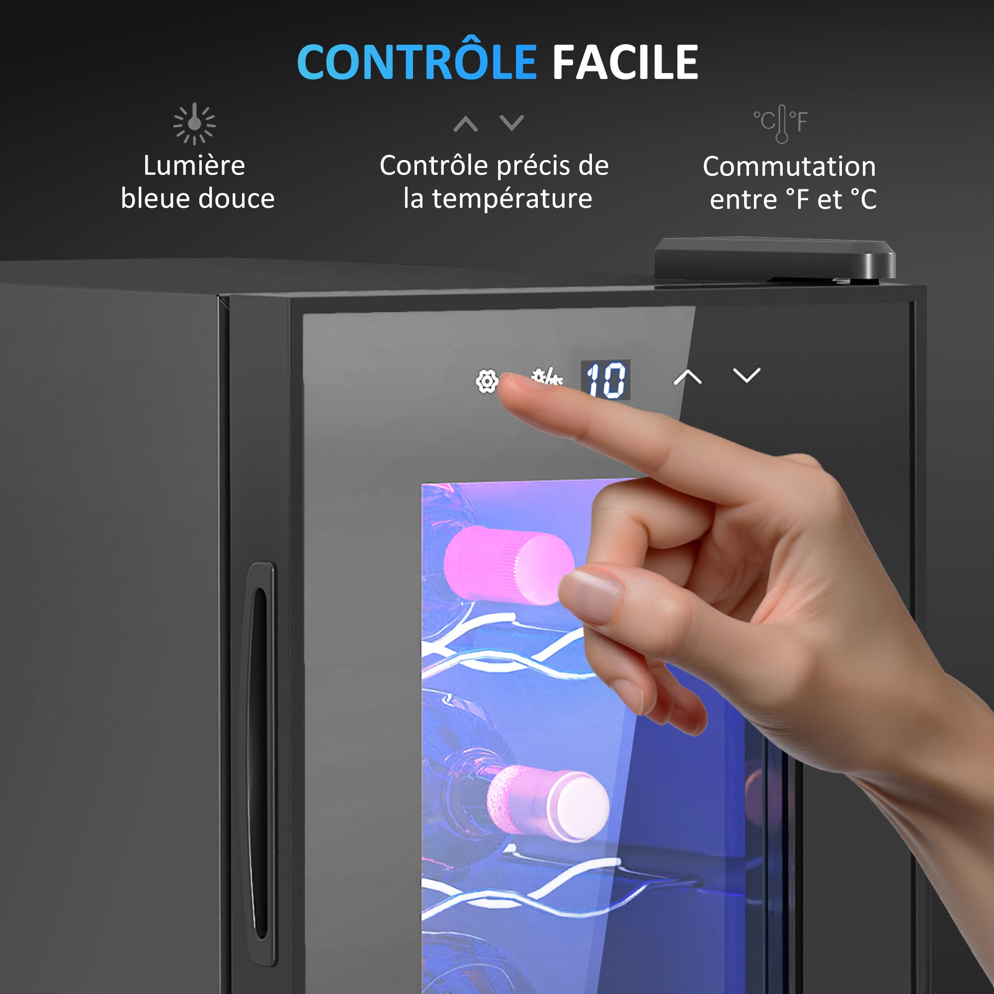 HOMCOM Cave à Vin 6 Bouteilles 17L, Réfrigérateur à Vin Silencieux, Porte en Verre, Éclairage LED, Écran Tactile, Contrôle Température 8-18°C, Protection UV, Noir