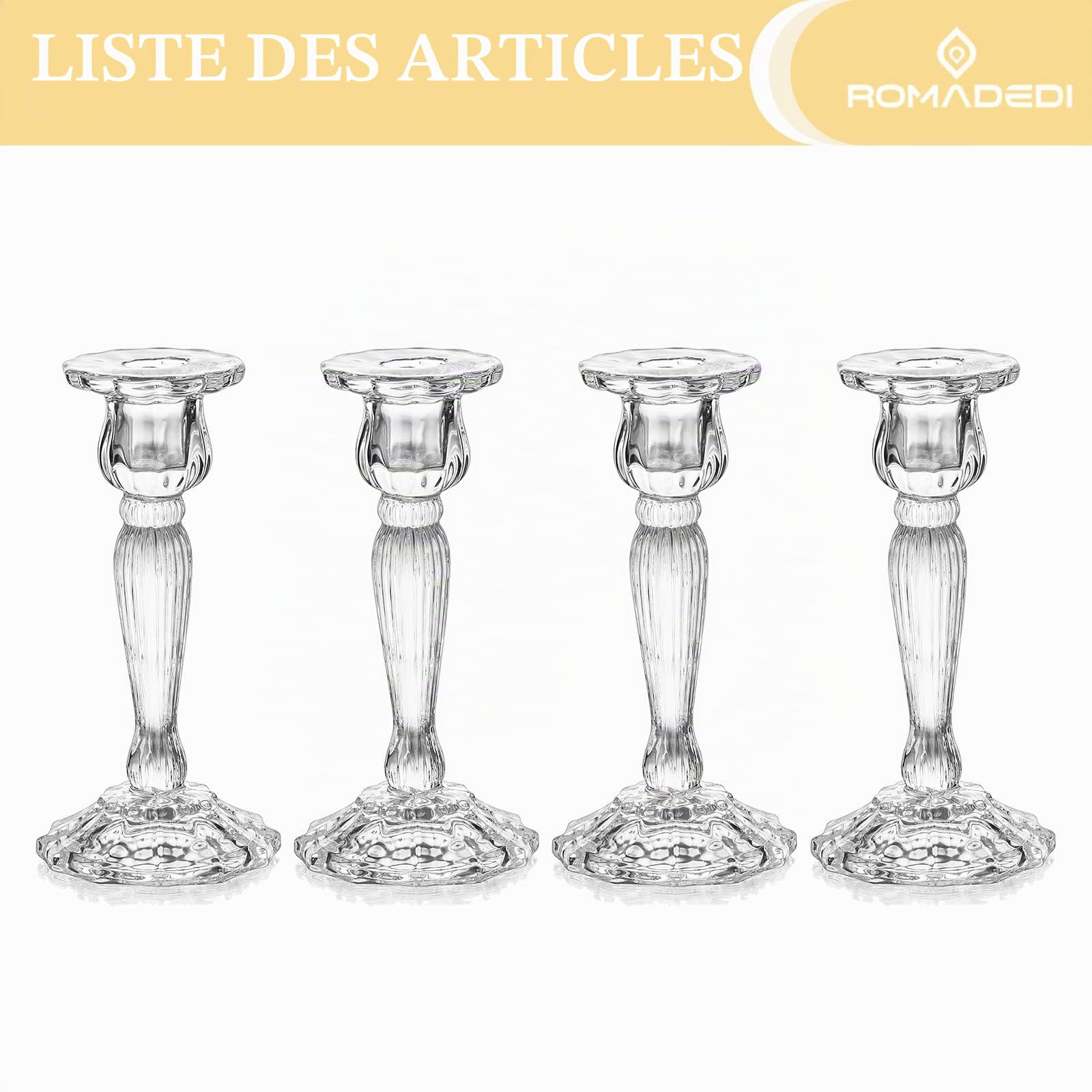 Romadedi Chandelier Bougeoir Verre Mariage - Lot de 4 Bougeoir Decoratif Transparent pour Noel Decoration Maison, Supports pour Bougies Coniques Centre de Table Salon Chambre 18cm