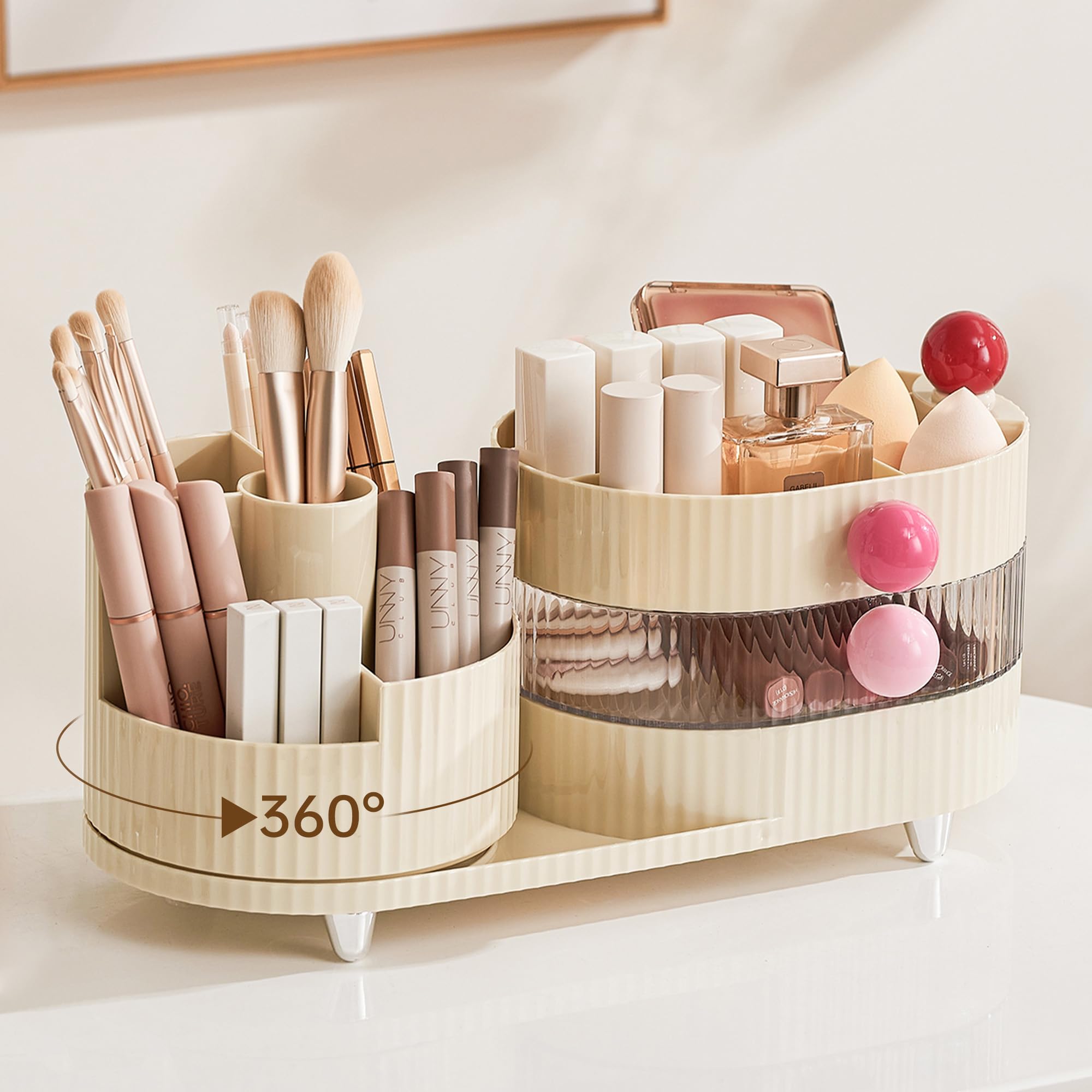 UFORU Makeup Organizer Countertop for Vanity with 360° Rotating Brush Holder, 3 Layer Cosmetic and Jewelry Storage?Makeup Display Case for Skincare&Perfume (Cream White)