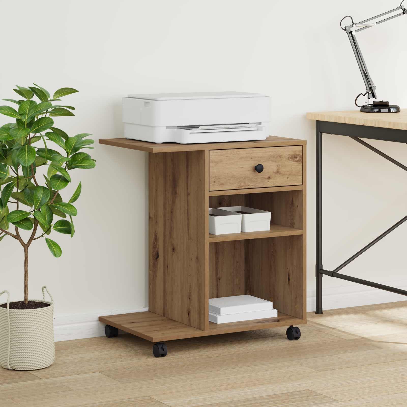 Druckerständer mit Rollen aus Holzwerkstoff, Eiche-Optik, 60 x 40 x 68,5 cm, mit Schubladen für Büroorganisation, rollbares Design für Flexible Nutzung