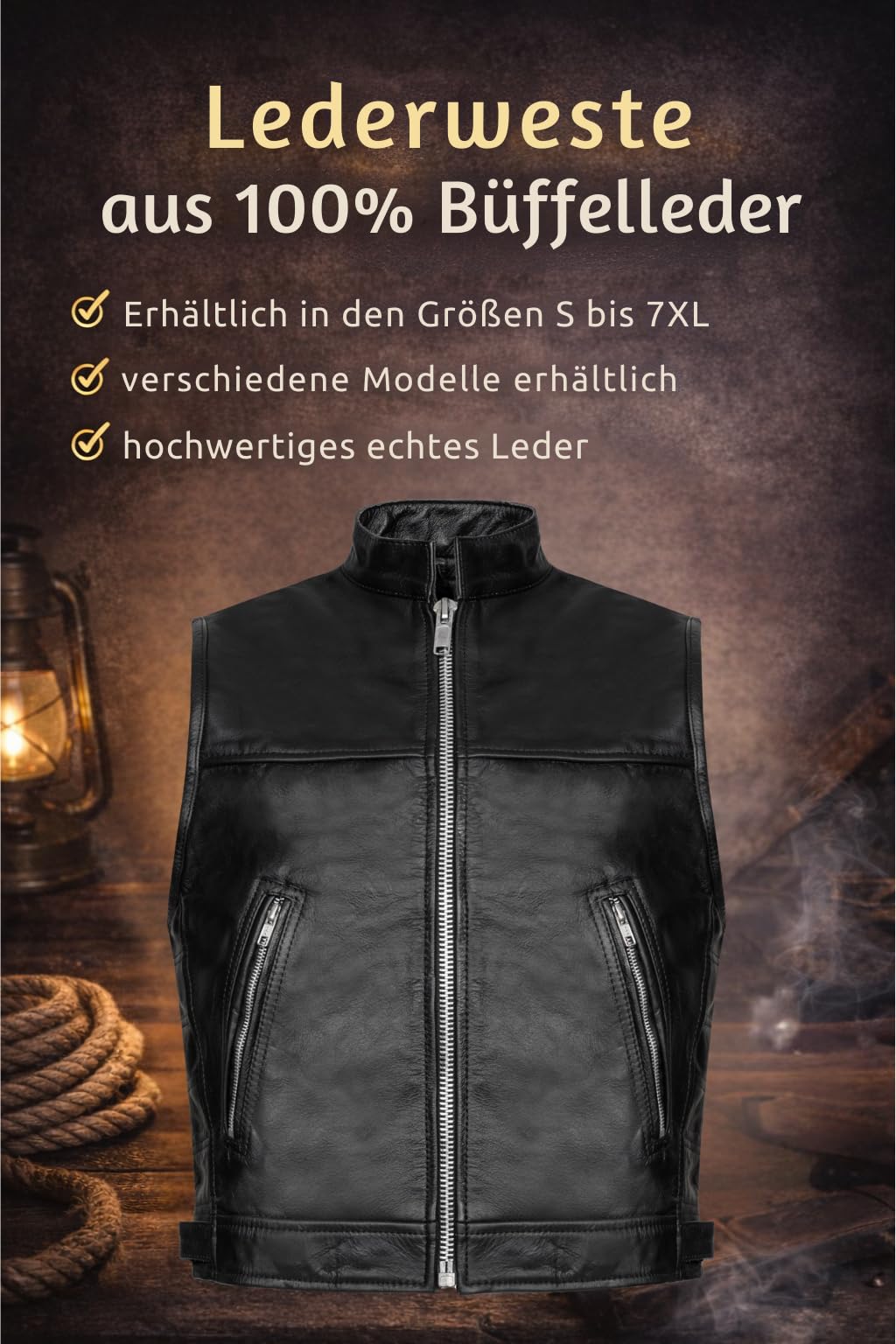 PAULGOS Lederweste Weste Kutte Leder Biker Rocker Motorrad Clubweste Bikerweste Motorradweste Schwarz BW8