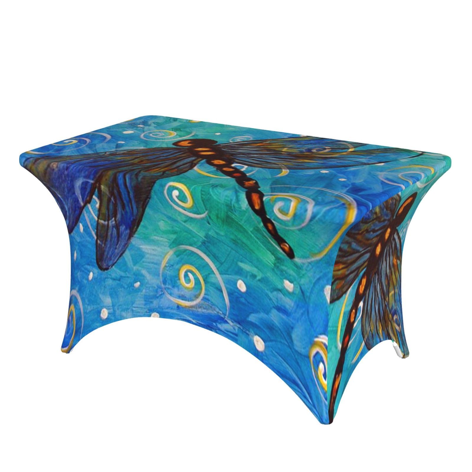 Dcehgew Blue Dragonfly 4Ft Spandex Rectangular Table Cloth, Printed Fitted Elastic Tablecloths Washable Table Cover For Event, Wedding, Banquet & Party