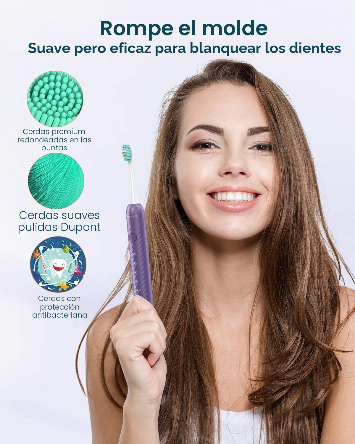 Cepillo de dientes eléctrico para adultos con 6 cabezales de cepillo, cepillo de dientes sónico recargable, batería de larga duración, 4 horas de carga y 180 días de uso, púrpura