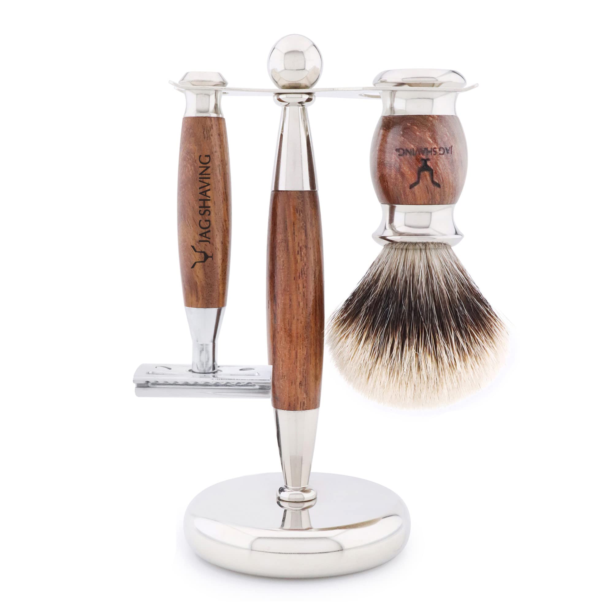 Jag Shaving zestaw do golenia - JAG's LEE Range 5-częściowy zestaw do golenia - szczotka do golenia z włosia borsuka - podwójna krawędź maszynki do golenia - torba skórzana na maszynki do golenia - zestaw drewna