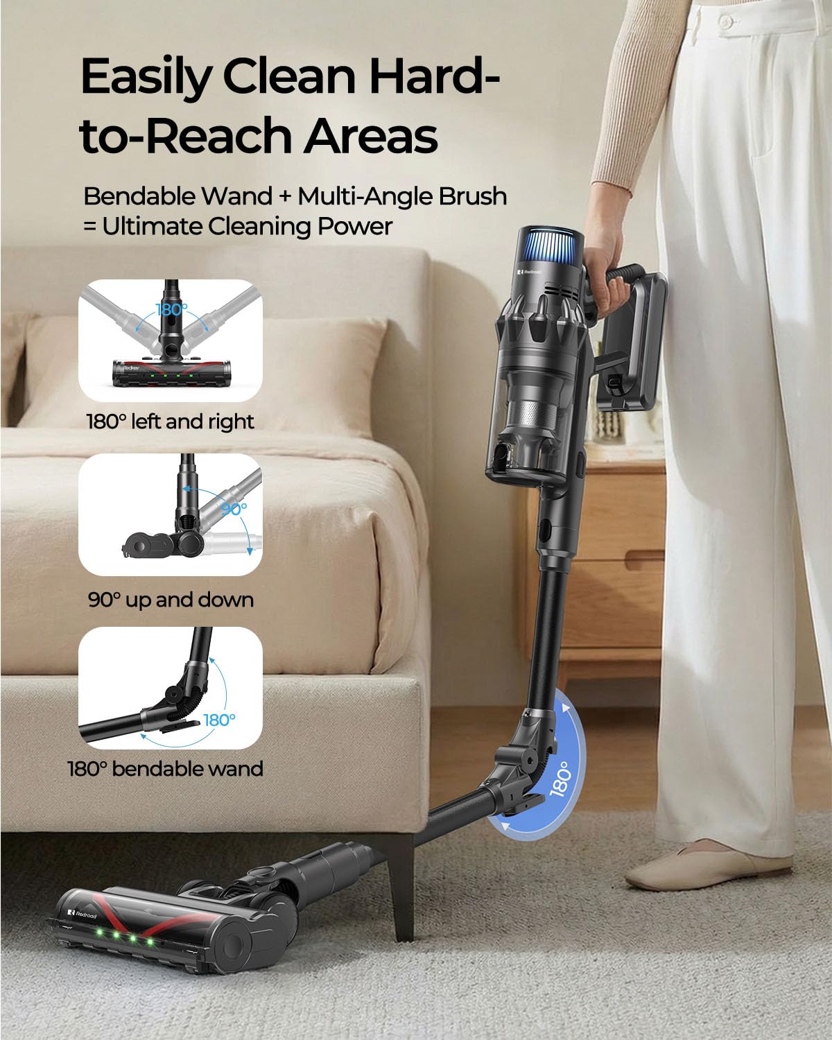 Redroad Cordless Vacuum Cleaner,60KPA/210,000PRM/650W Brushless Motor Cordless Vacuum for Home,4 in 1 Lightweight Vacuum Cleaners with 3 Adjustable Suctions,Max 75 Mins Runtime for Carpet,Hard Floors — view 3