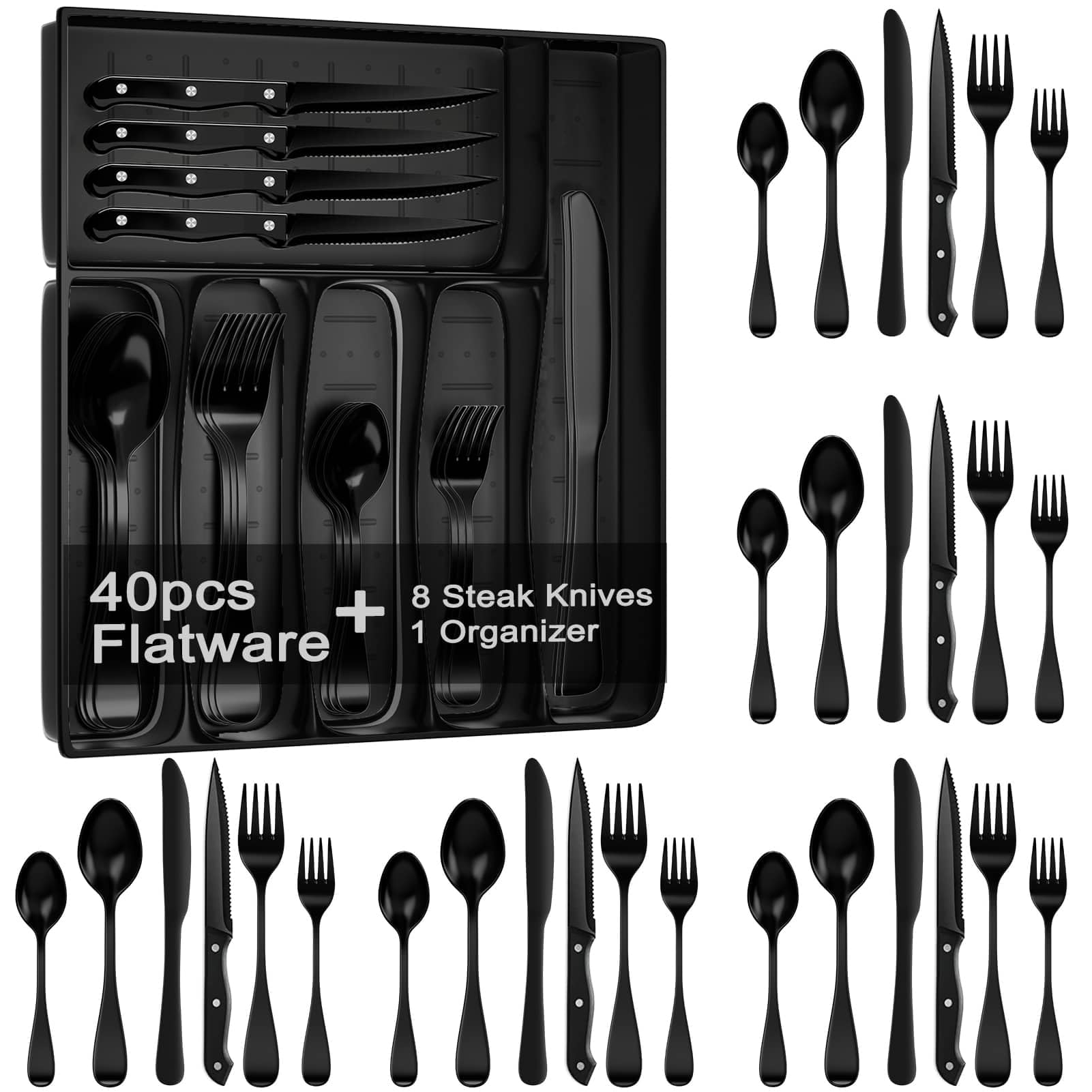 49-Piece Black Silverware Set with Organizer, Stainless Steel Flatware Set for 8 with Drawer Tray, Cutlery Steak Knives Fork Spoon for Home Restaurant, Mirror Finish