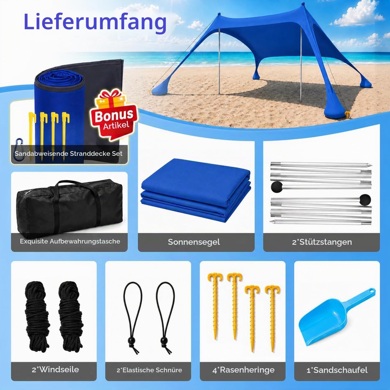 Strandzelt mit Strandmatte, LSF 50+ Hochschutz, 2x2x2m, Dunkelblau