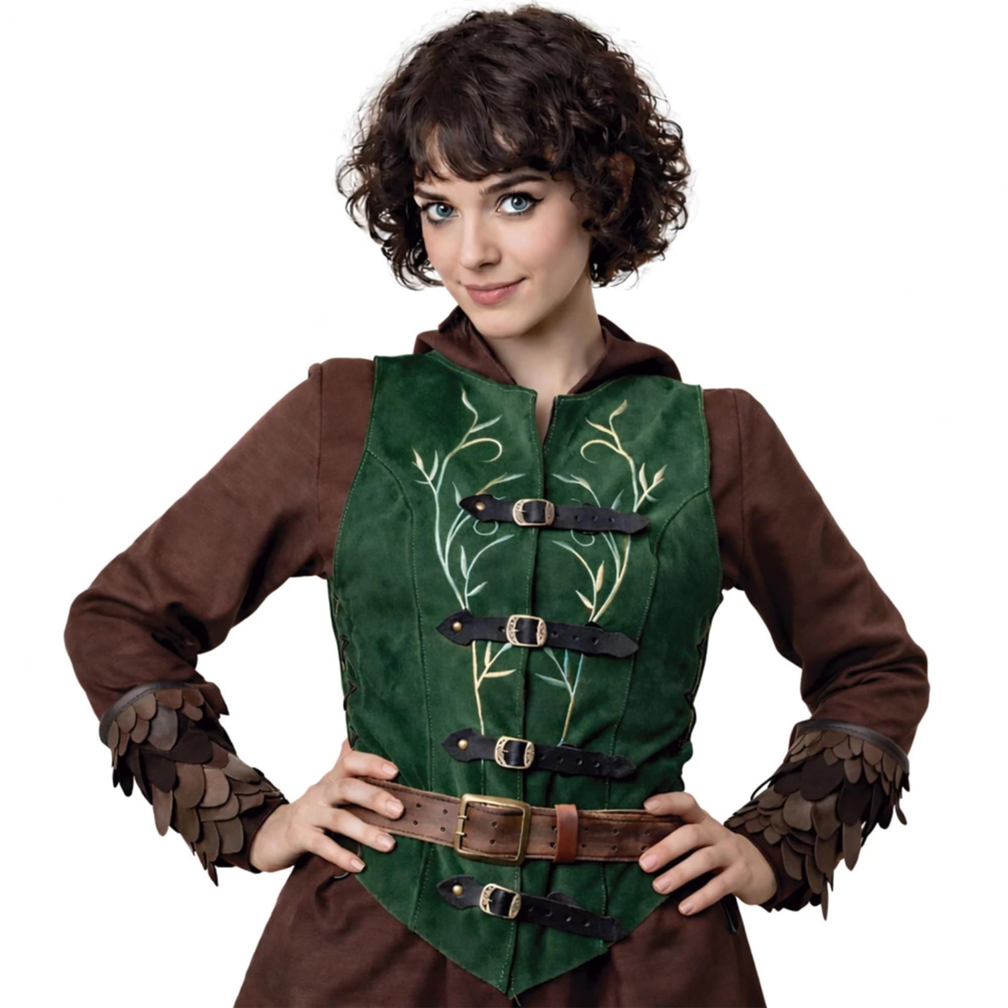 RAWBLADE Lassel Short Jerkin, Medieval Leather Vest with Floral Embroidery & Buckle Fastening, LARP Costume for Renaissance Fair, Cosplay & Historical Reenactment