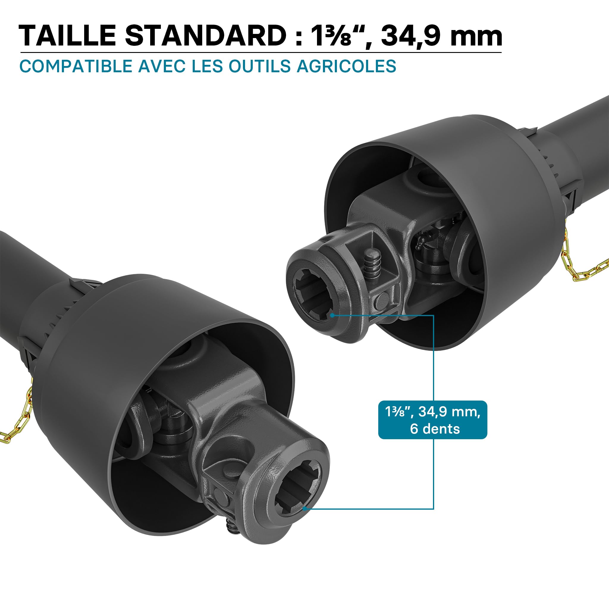 WilTec Arbre Transmission T4 cardan - Longueur 1200-1320 mm / 2X 1 3/8" 6 Dents / 460 Nm / 540 TR/Min / 40 KW (55 CV) - Prise de Force agricole