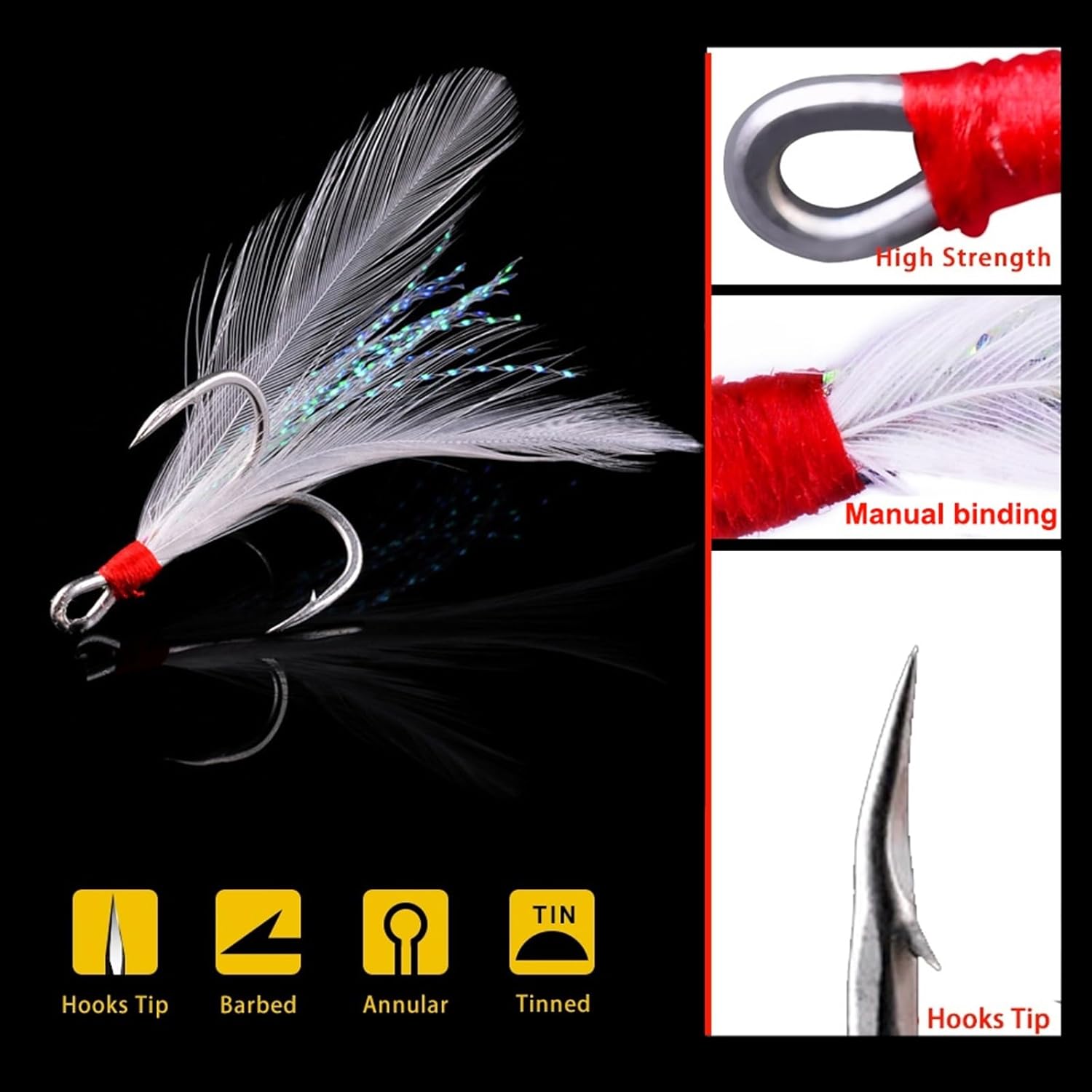 GRFIT Fishing Hooks Fishing Gear 20Pcs Feathered Treble Fishing Hooks Fishing Tackle Carbon Steel Barbed Sharp Fishhook Sea Accessories with Feather Fishing Tackle (Color : 20pcs 6)