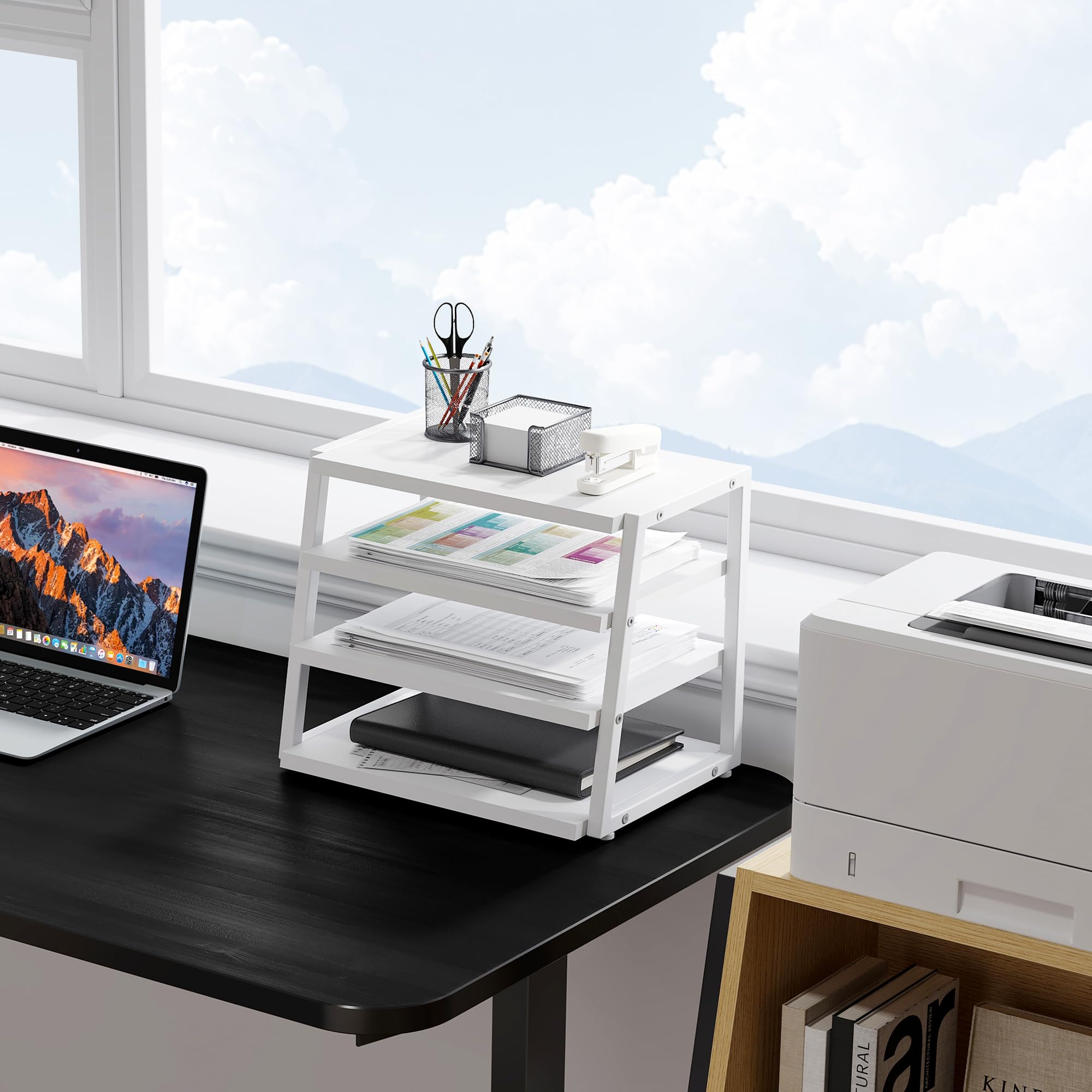 Fenge Organizer da Scrivania in Legno a 4 Livelli, Portadocumenti con Ripiani e Staffe in Metallo, Ideale per Documenti A4, Perfetto per Casa, Ufficio e Scuola, Bianco