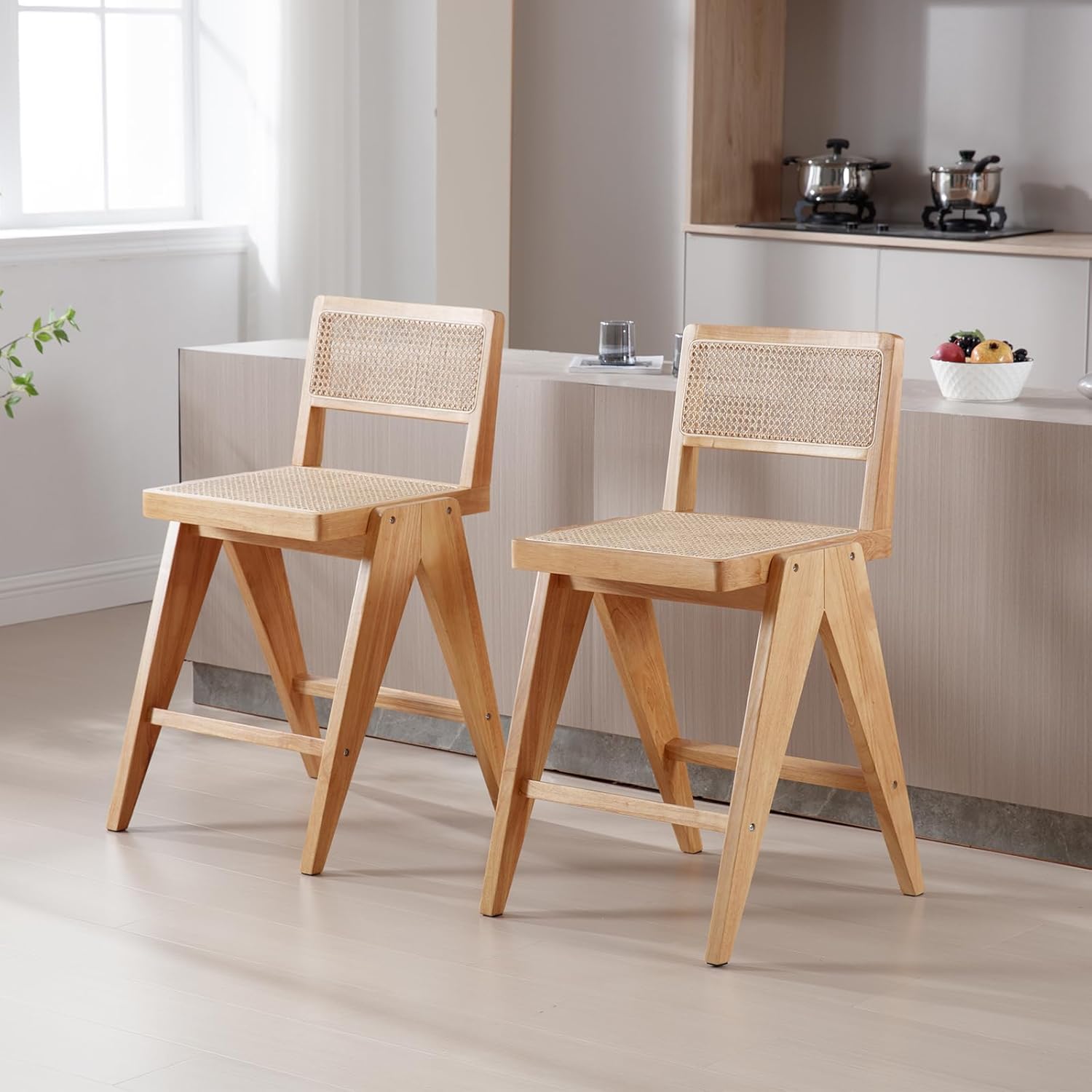 26" Rattan Bar Stools Set of 4, Mid Century Modern Wicker Counter Stools with Woven Back and Footrest Armless, Natural Finish Wood Legs Bar Chair for Kitchen Island Dining Room Home Pub Bistro