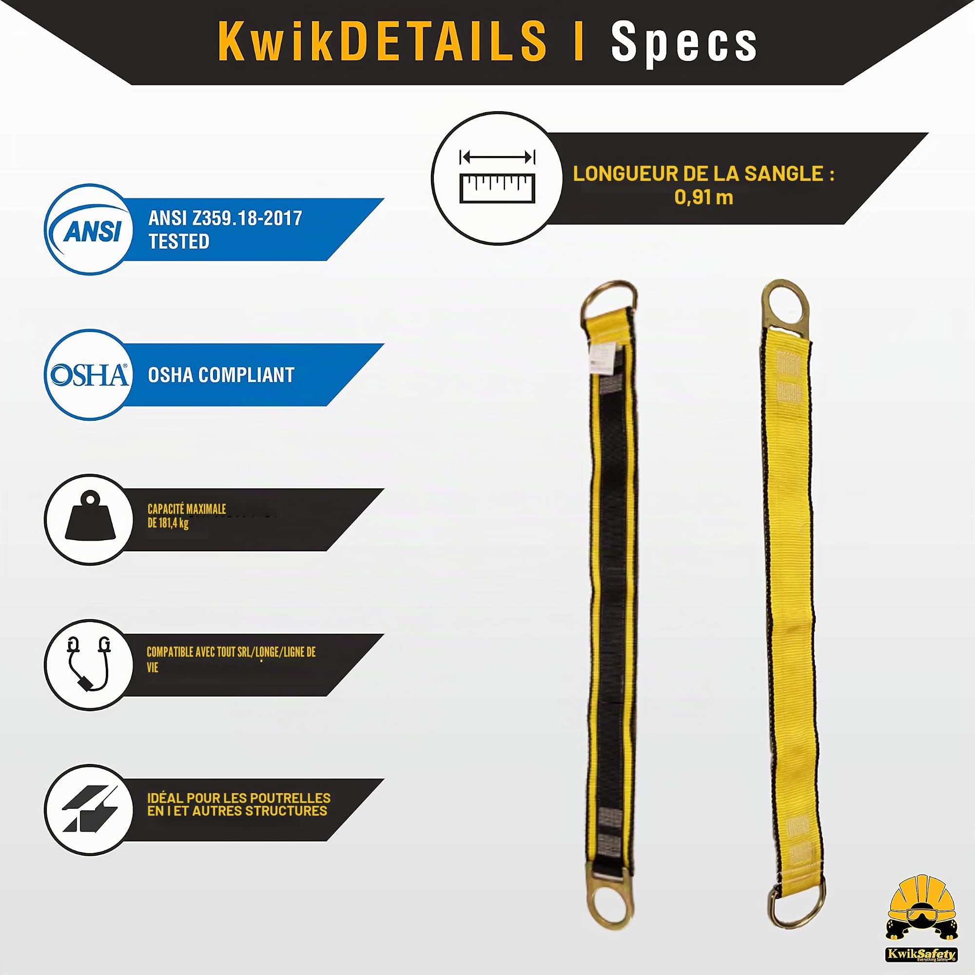 KwikSafety Charlotte, NC – Gibbon Grip Sangle d'ancrage de sécurité de 0,9 m avec Bras croisés – Tour de Cou ANSI – Système Anti-Chute – Double Anneau en D – Sangle d'ancrage OSHA
